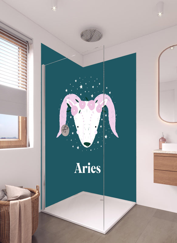 Duschrückwand - Astrales Aries Sternbild in Türkistönen in hellem Badezimmer mit Regenduschkopf  - zweiteilige Eck-Duschrückwand