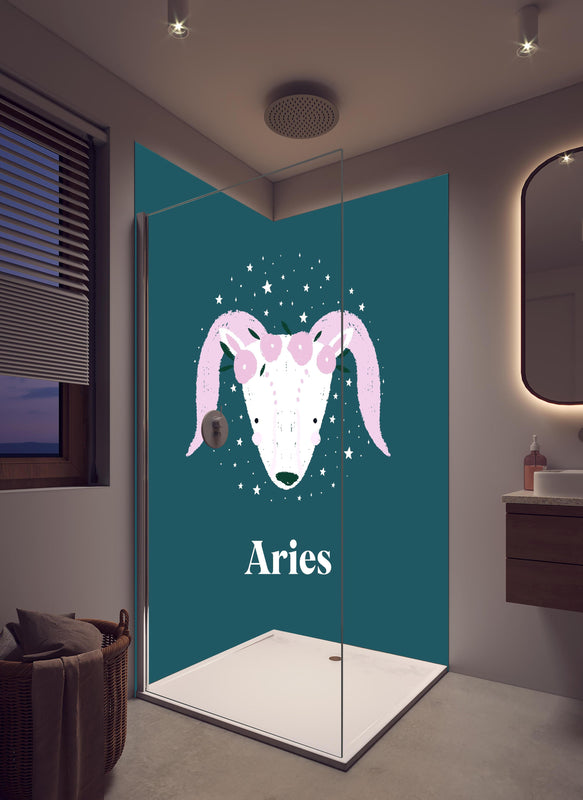 Duschrückwand - Astrales Aries Sternbild in Türkistönen in hellem Badezimmer mit Regenduschkopf  - zweiteilige Eck-Duschrückwand