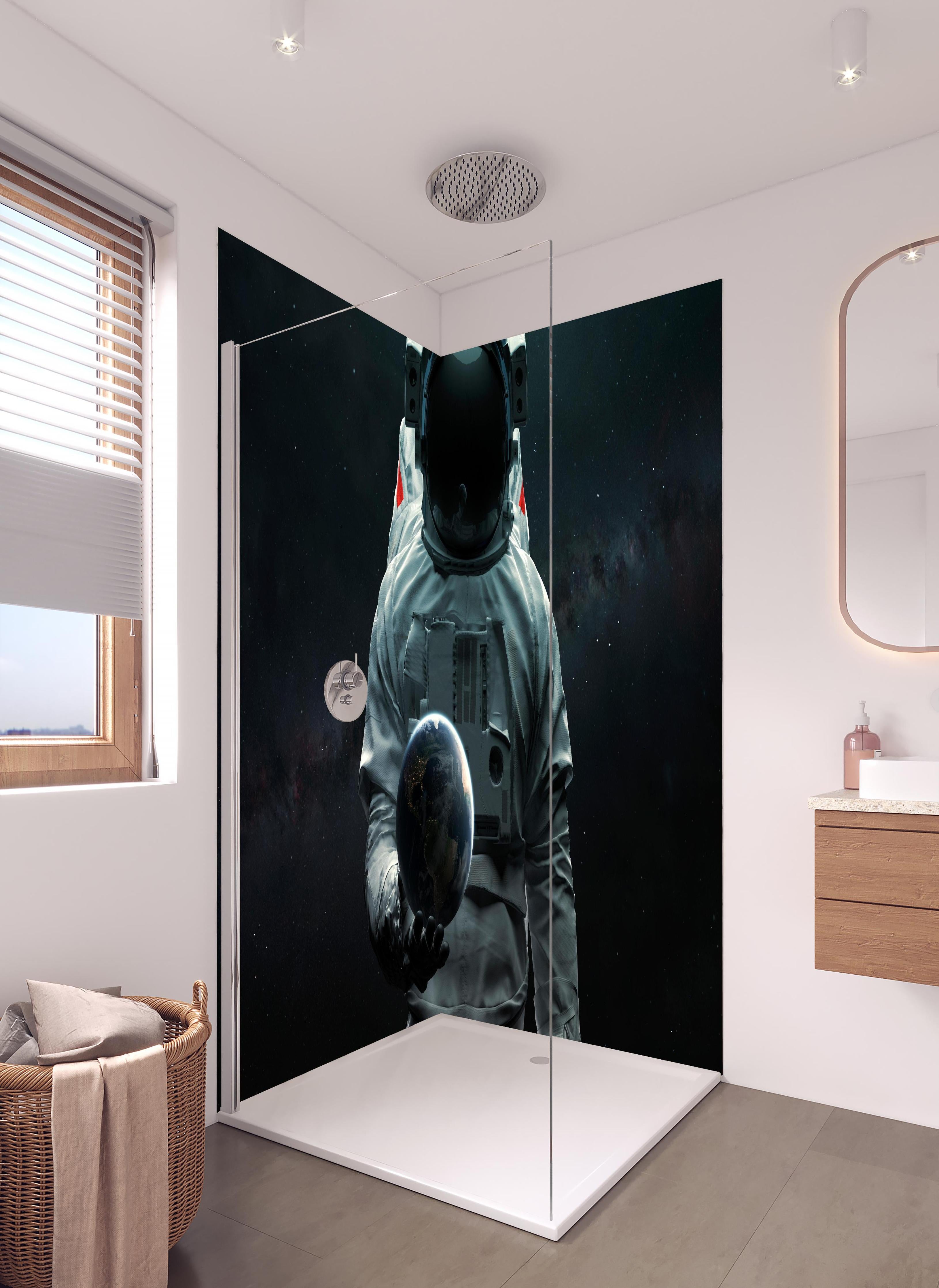 Duschrückwand - Astronaut hält Erde 3D-Kunst Sci-Fi in hellem Badezimmer mit Regenduschkopf  - zweiteilige Eck-Duschrückwand