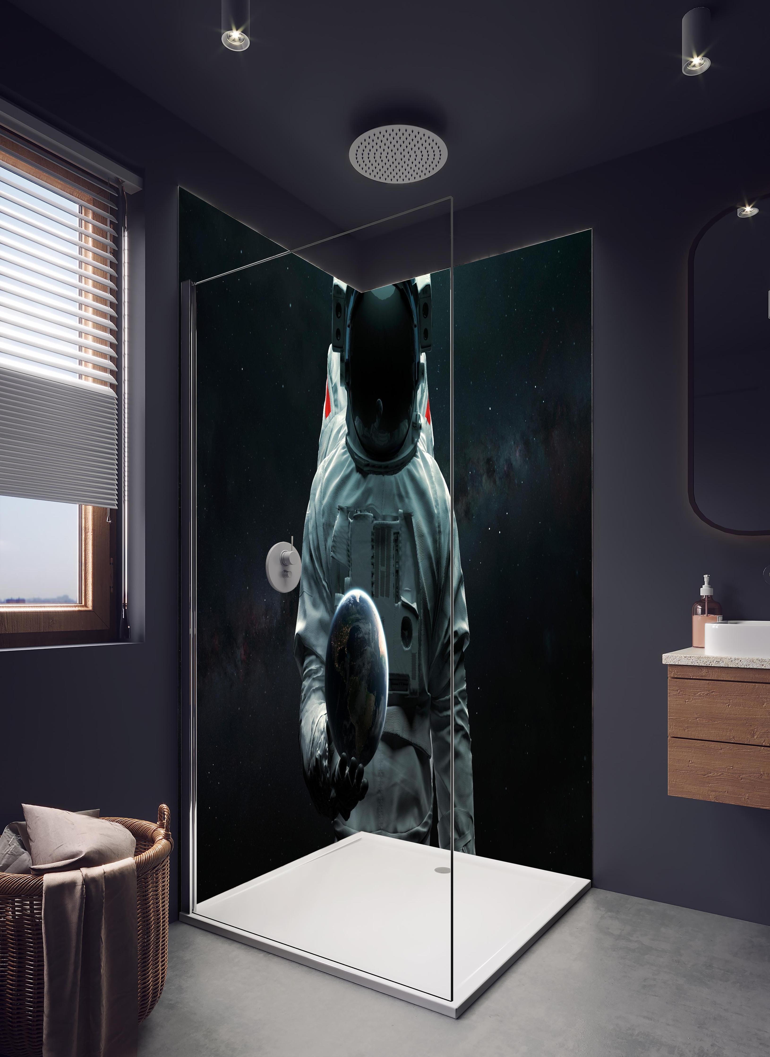 Duschrückwand - Astronaut hält Erde 3D-Kunst Sci-Fi in hellem Badezimmer mit Regenduschkopf  - zweiteilige Eck-Duschrückwand