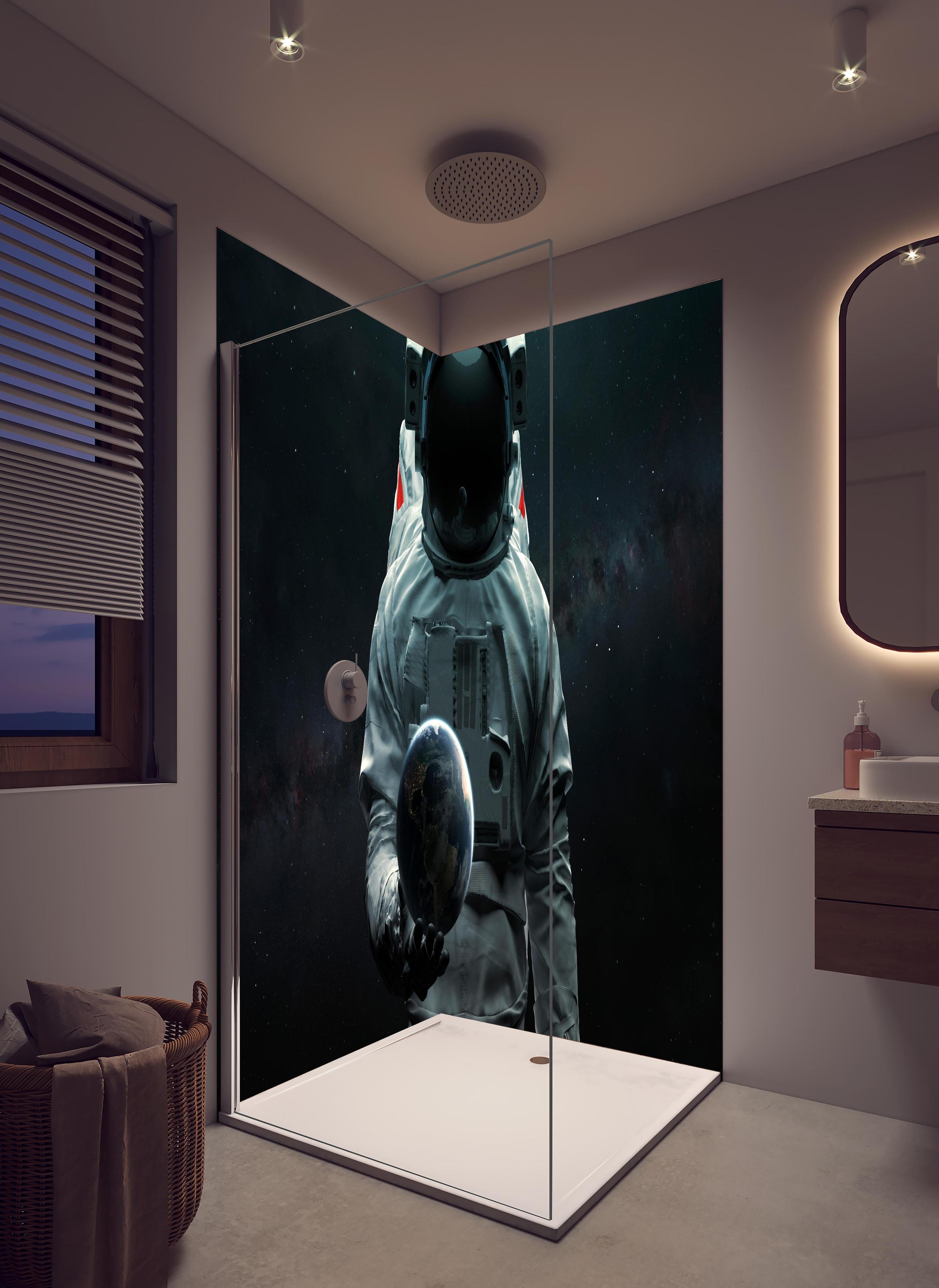 Duschrückwand - Astronaut hält Erde 3D-Kunst Sci-Fi in hellem Badezimmer mit Regenduschkopf  - zweiteilige Eck-Duschrückwand