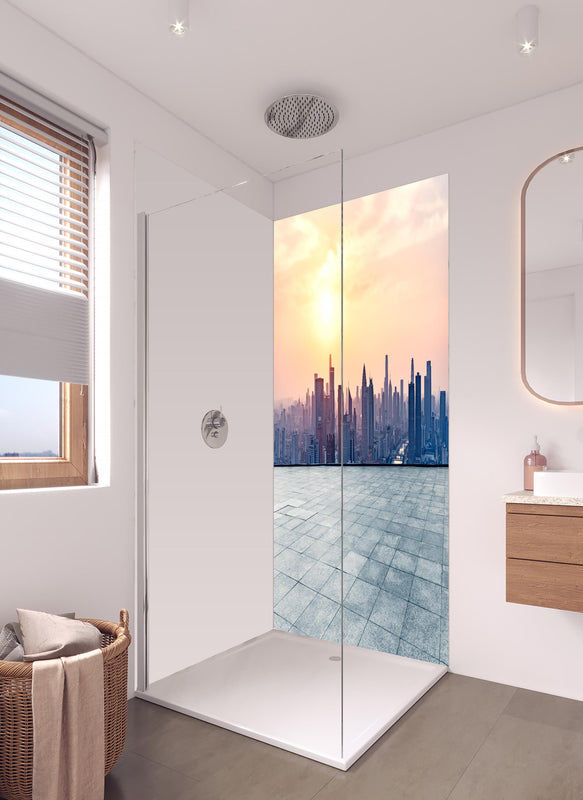 Duschrückwand - Aussicht auf die Skyline von Tianjin in hellem Badezimmer mit Regenduschkopf  - zweiteilige Eck-Duschrückwand