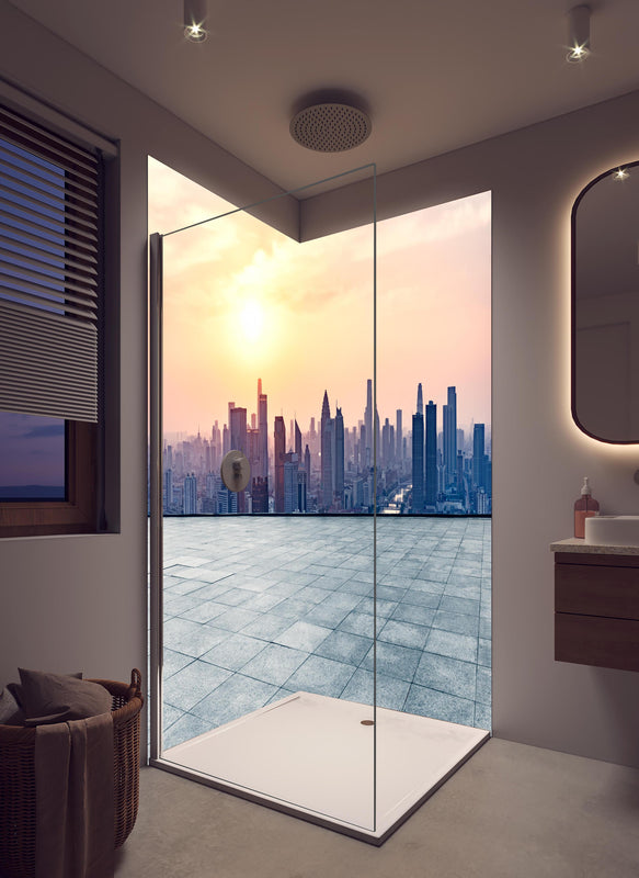 Duschrückwand - Aussicht auf die Skyline von Tianjin in hellem Badezimmer mit Regenduschkopf  - zweiteilige Eck-Duschrückwand
