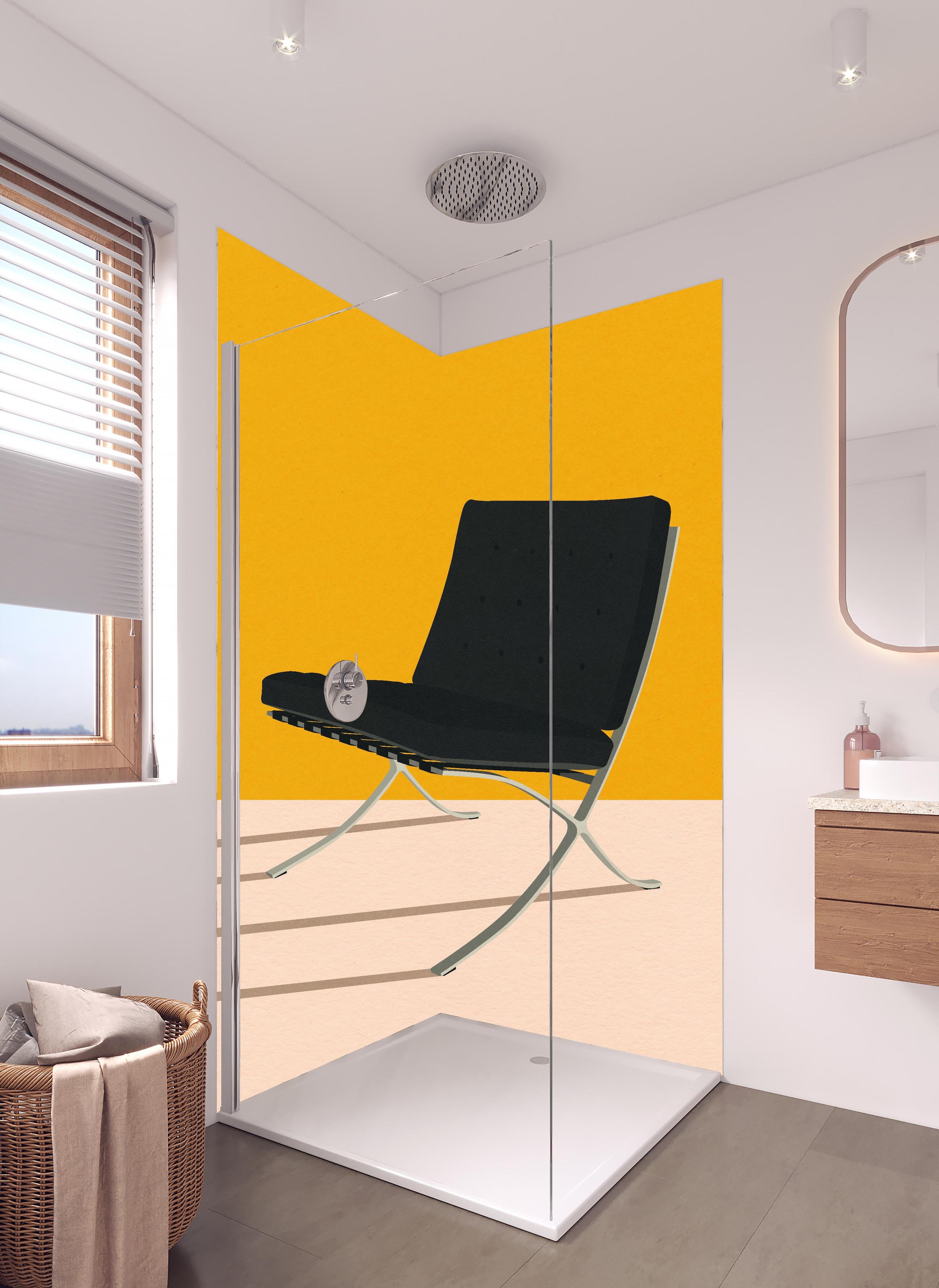 Duschrückwand - Bauhaus Barcelona Chair in Papierillustration in hellem Badezimmer mit Regenduschkopf  - zweiteilige Eck-Duschrückwand