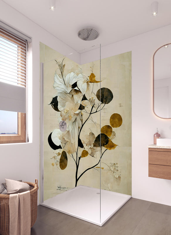 Duschrückwand - Baum des Glücks - Floral in hellem Badezimmer mit Regenduschkopf  - zweiteilige Eck-Duschrückwand