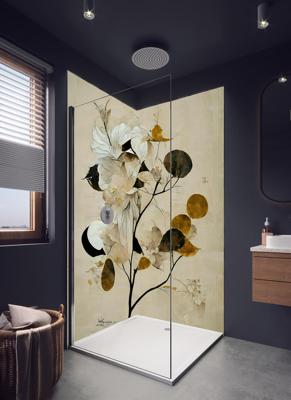 Duschrückwand - Baum des Glücks - Floral in hellem Badezimmer mit Regenduschkopf  - zweiteilige Eck-Duschrückwand