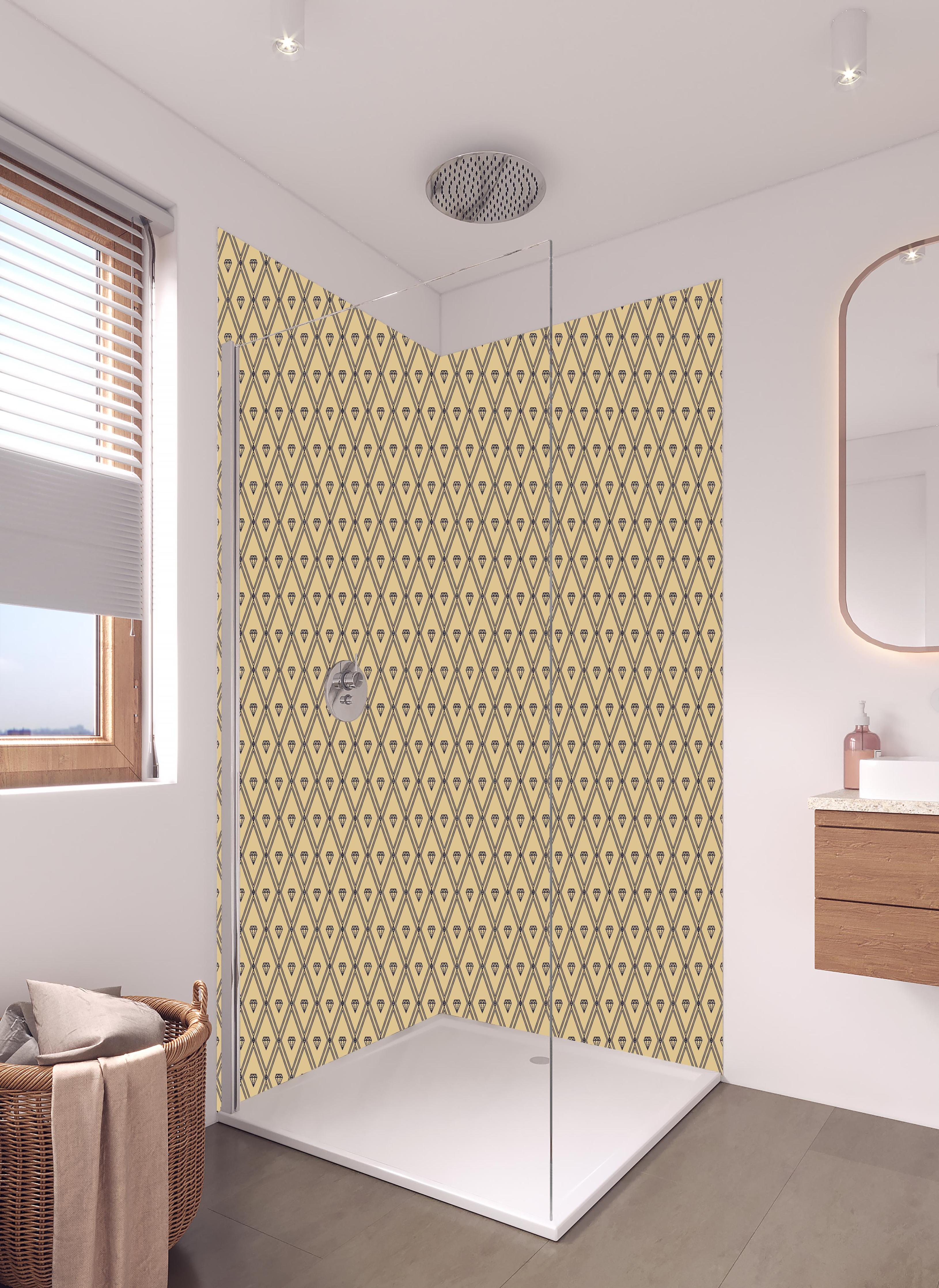 Duschrückwand - Beige Diamantenmuster Textiloptik Tapete in hellem Badezimmer mit Regenduschkopf  - zweiteilige Eck-Duschrückwand