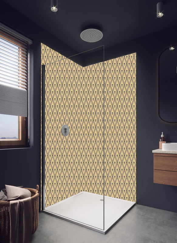 Duschrückwand - Beige Diamantenmuster Textiloptik Tapete in hellem Badezimmer mit Regenduschkopf  - zweiteilige Eck-Duschrückwand