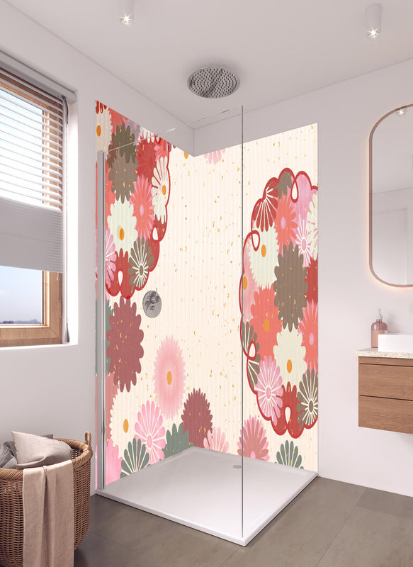 Duschrückwand - Beige-Rosa Blumenmuster Illustration in hellem Badezimmer mit Regenduschkopf  - zweiteilige Eck-Duschrückwand