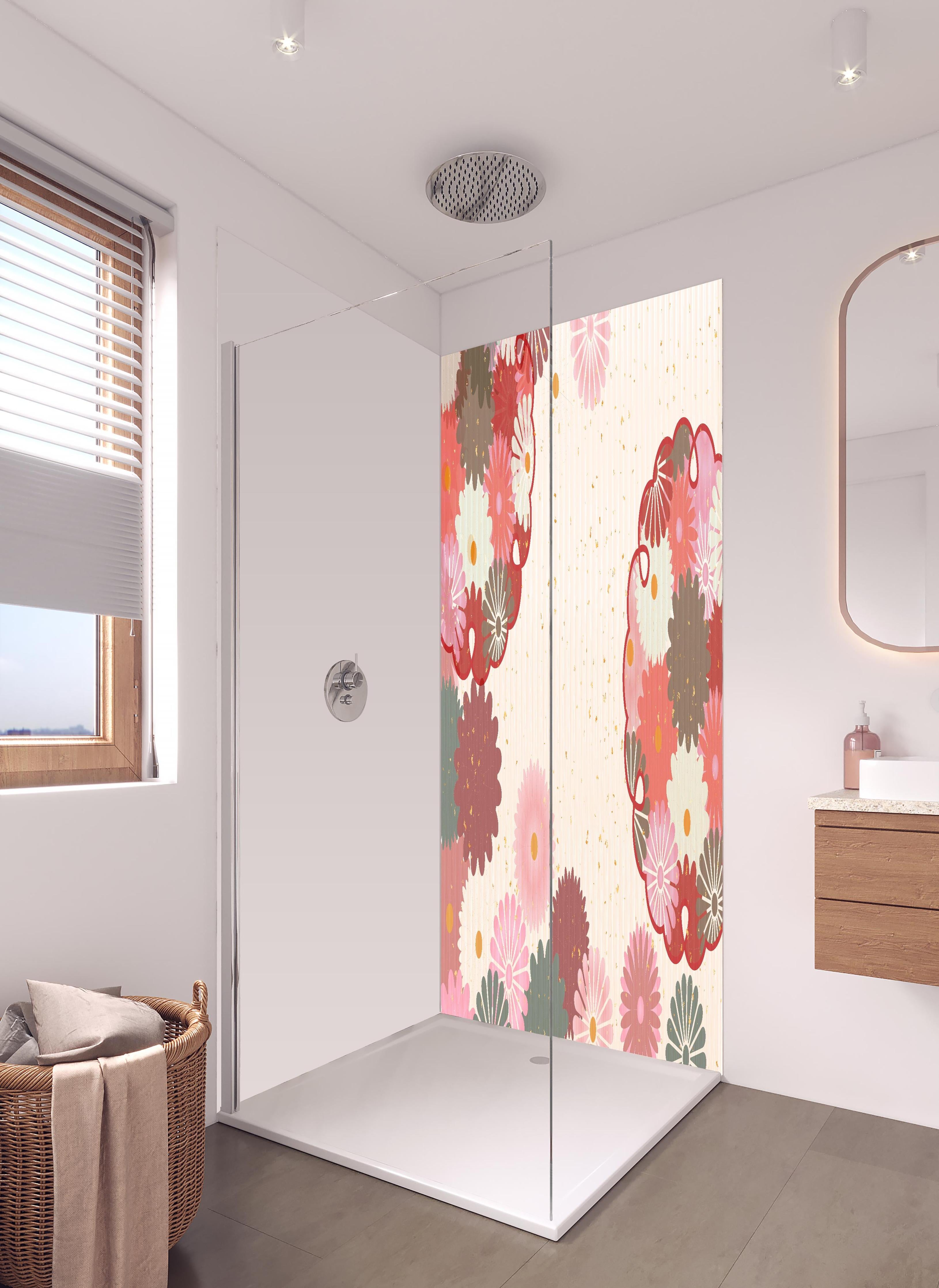 Duschrückwand - Beige-Rosa Blumenmuster Illustration in hellem Badezimmer mit Regenduschkopf  - zweiteilige Eck-Duschrückwand