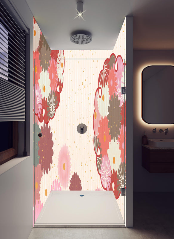 Duschrückwand - Beige-Rosa Blumenmuster Illustration in hellem Badezimmer mit Regenduschkopf  - zweiteilige Eck-Duschrückwand