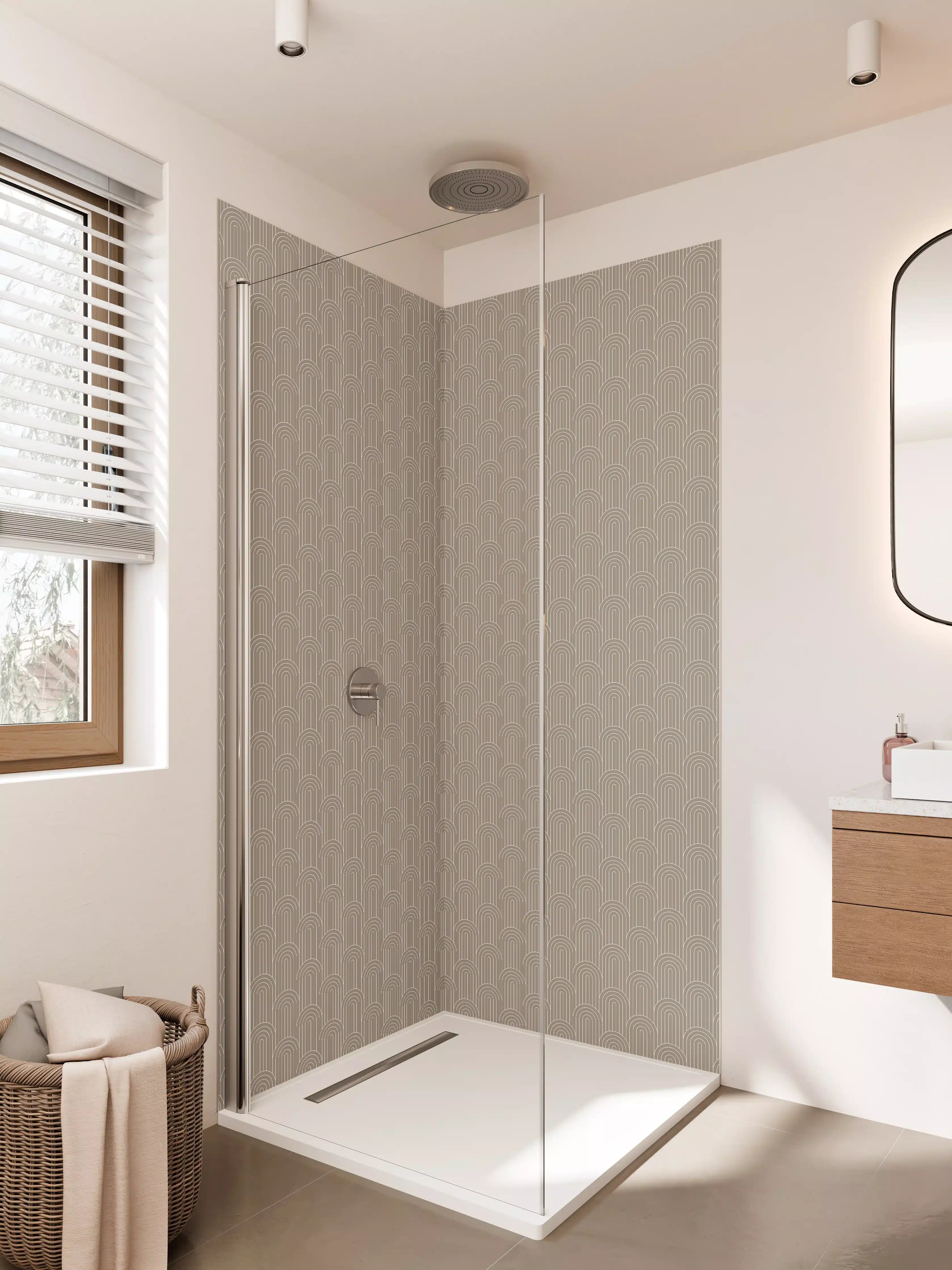 Duschrückwand - Beige Tapete mit zarten Regenbogen-Designs