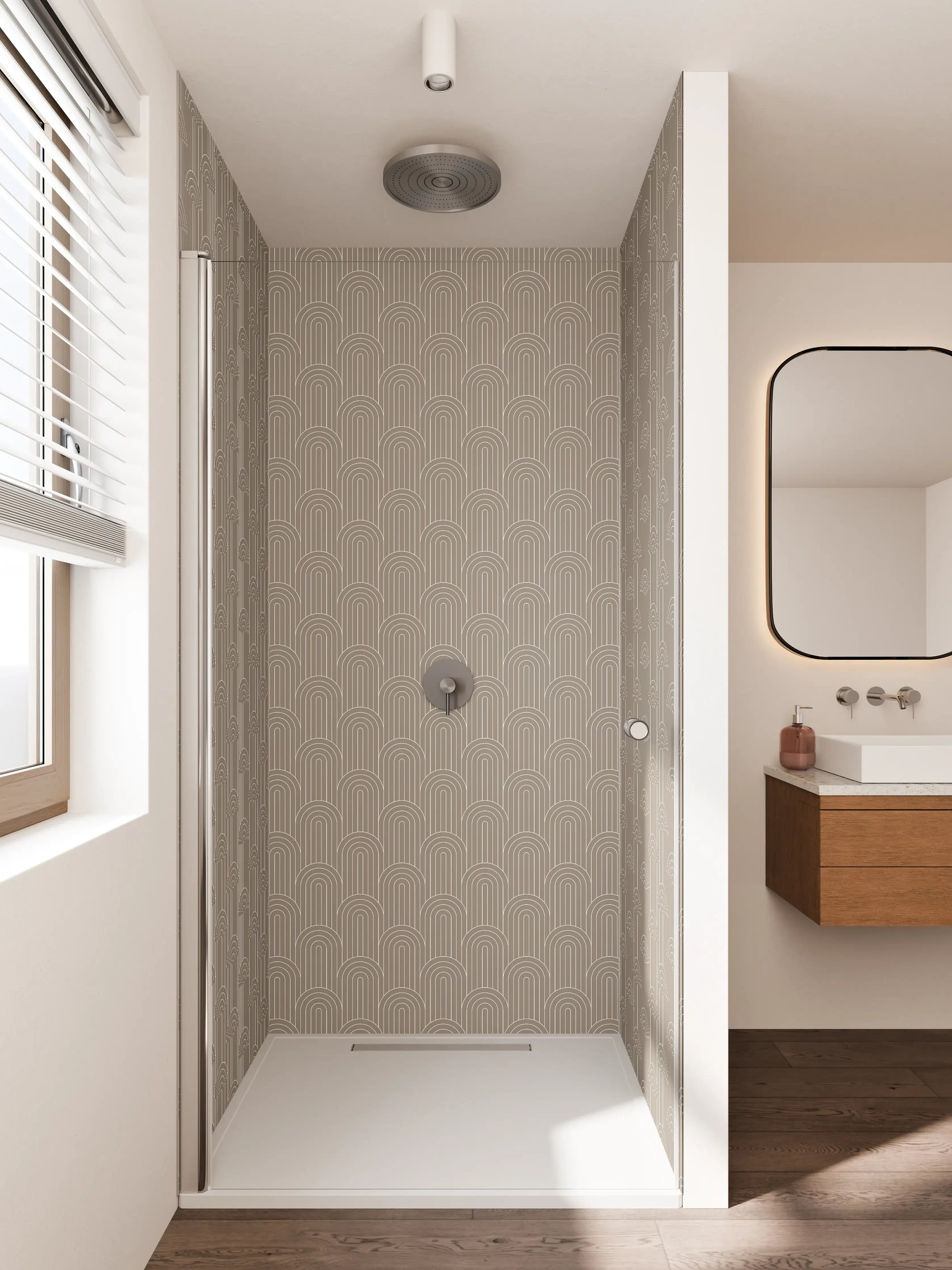 Duschrückwand - Beige Tapete mit zarten Regenbogen-Designs