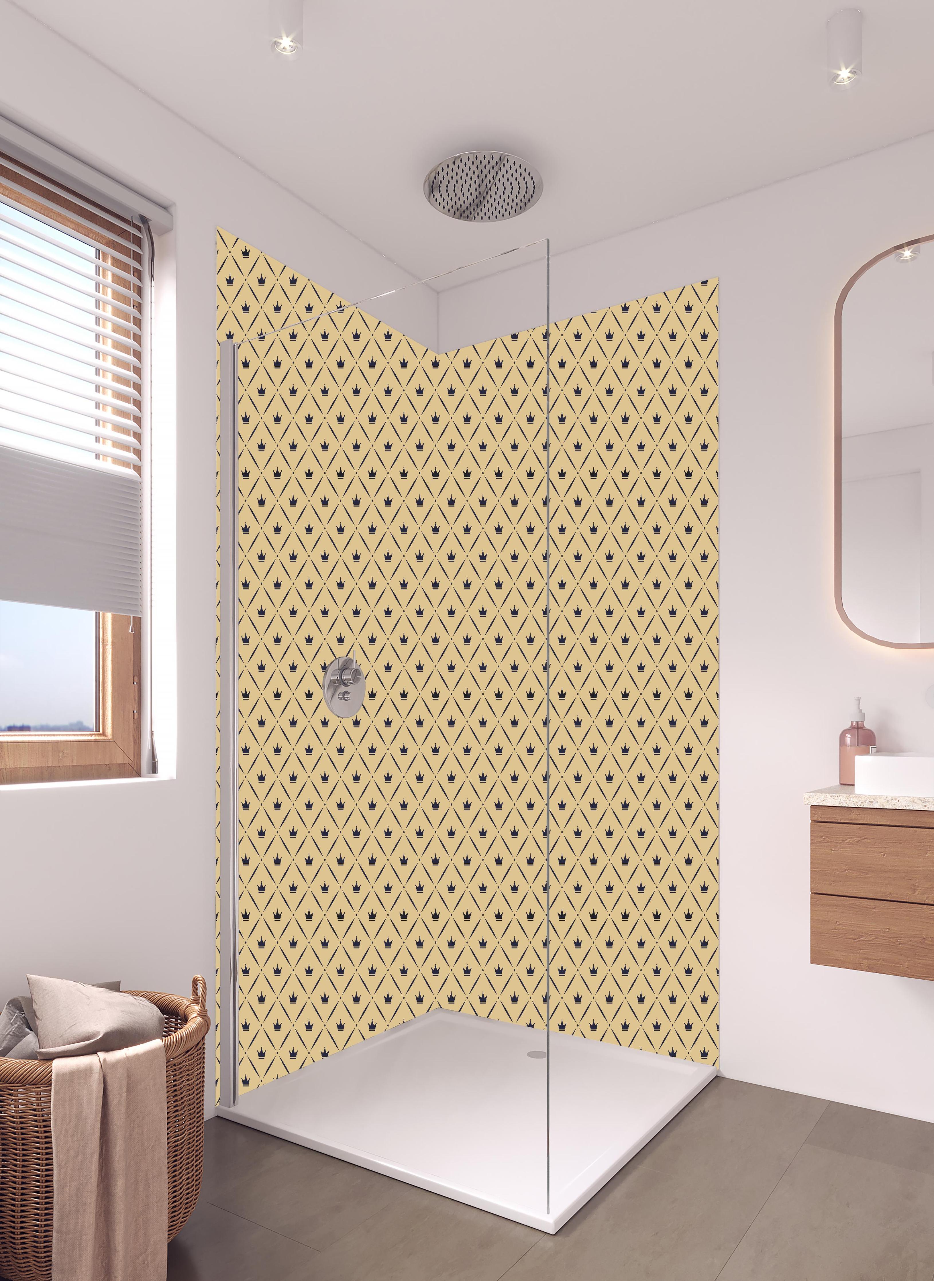 Duschrückwand - Beige Textiloptik mit dezentem Muster in hellem Badezimmer mit Regenduschkopf  - zweiteilige Eck-Duschrückwand