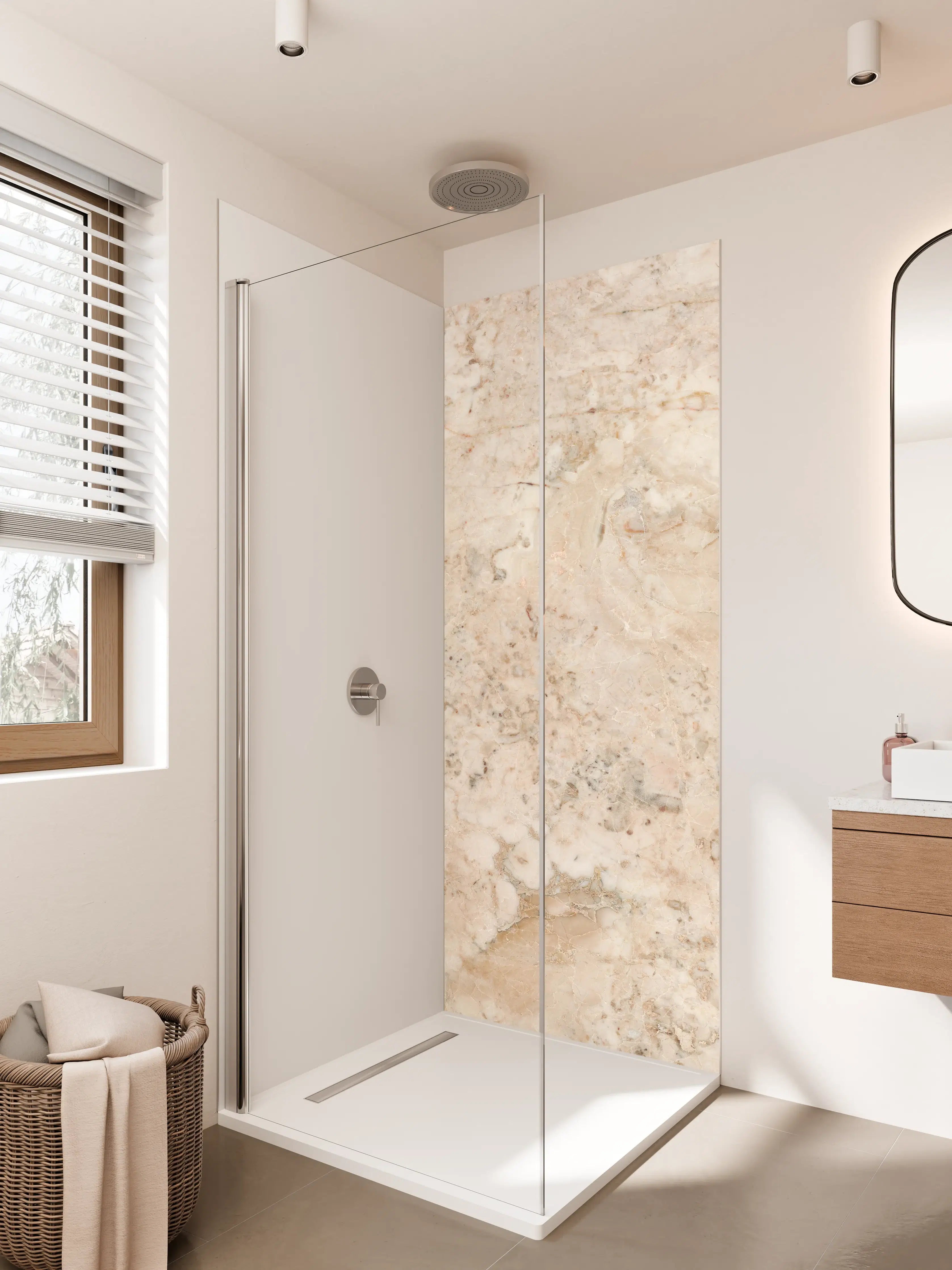 Duschrückwand - Beige Travertin-Optik mit natürlicher Struktur