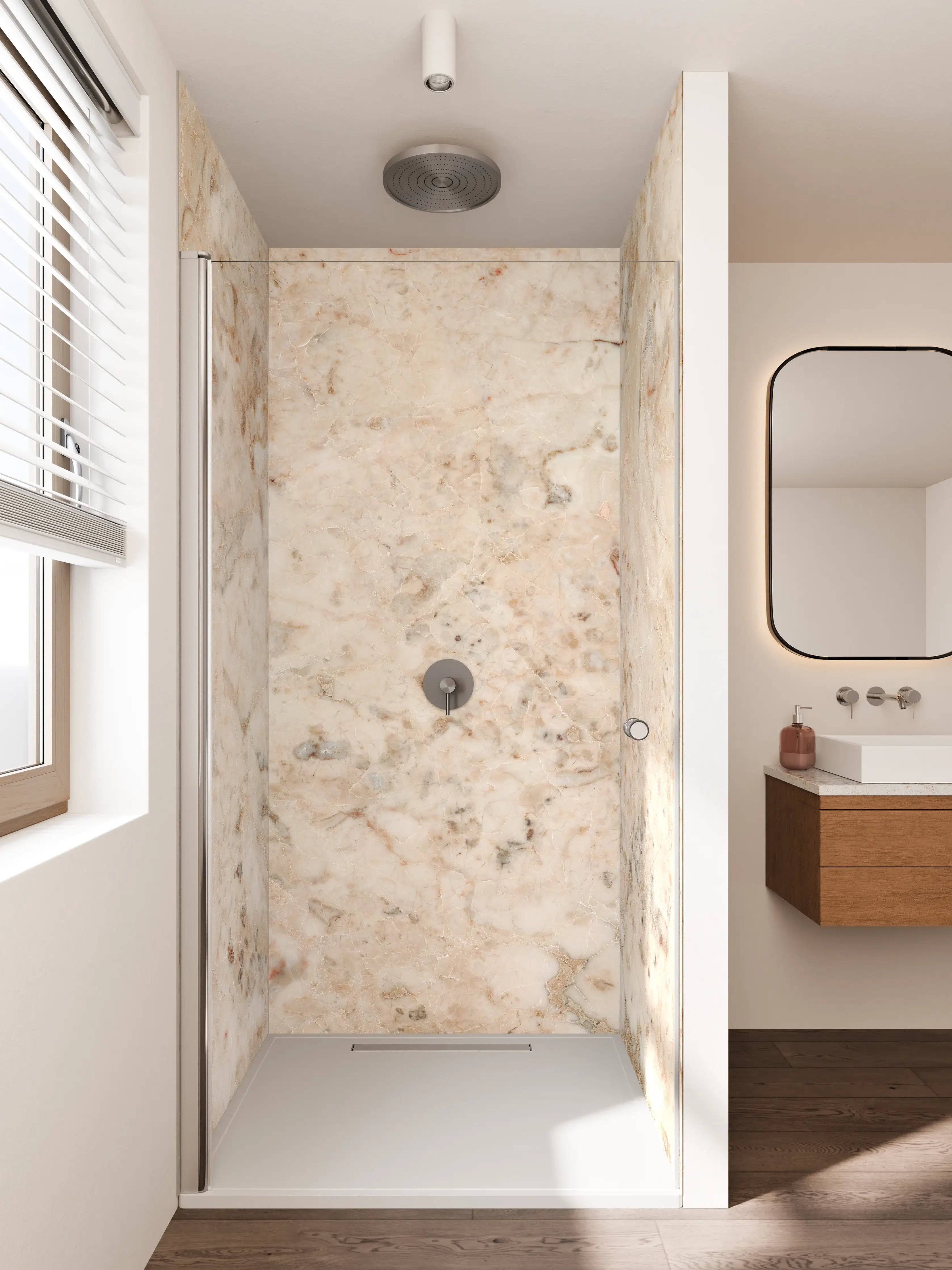 Duschrückwand - Beige Travertin-Optik mit natürlicher Struktur
