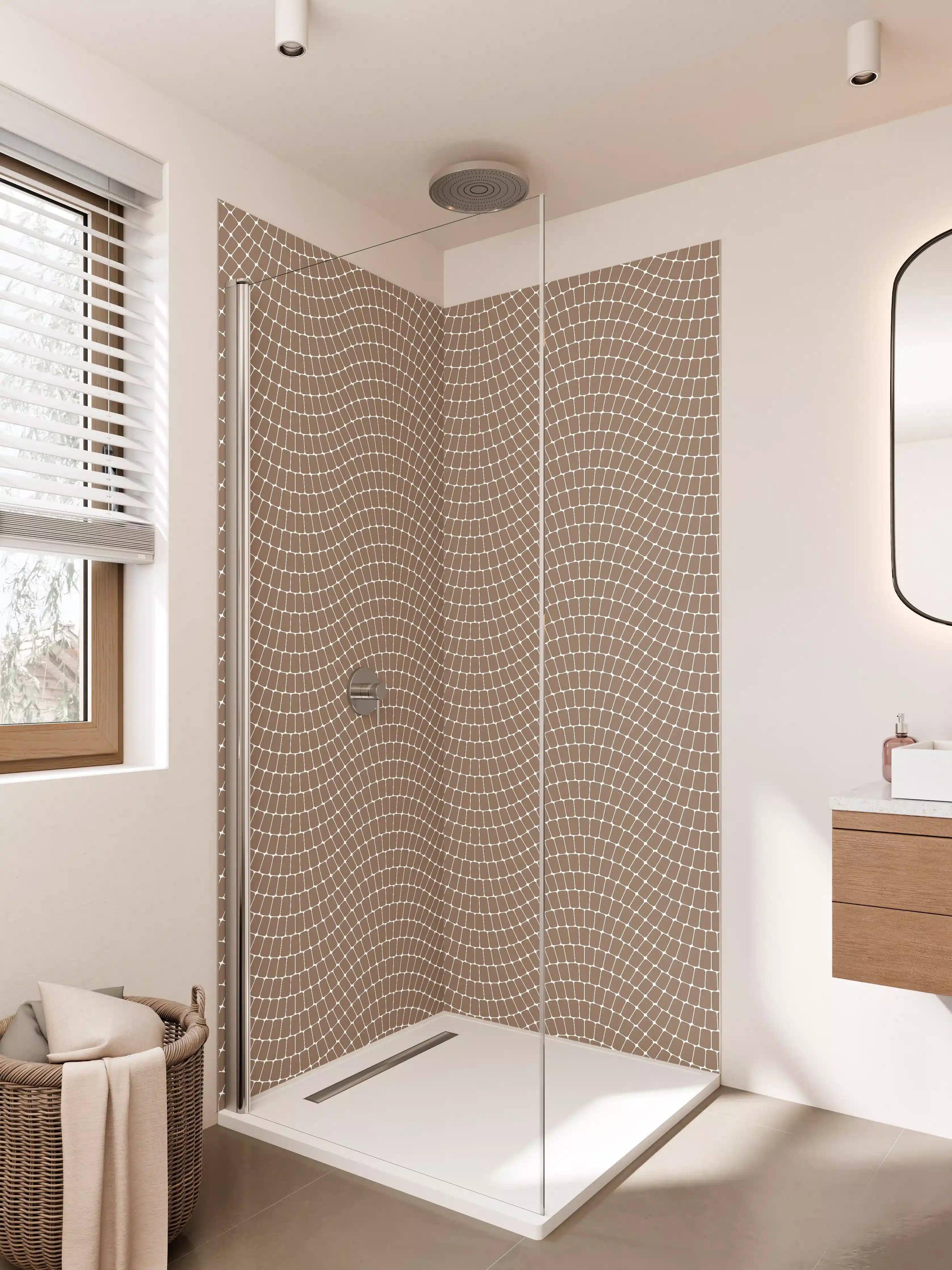 Duschrückwand - Beige Wellenmuster mit zarter Netzstruktur