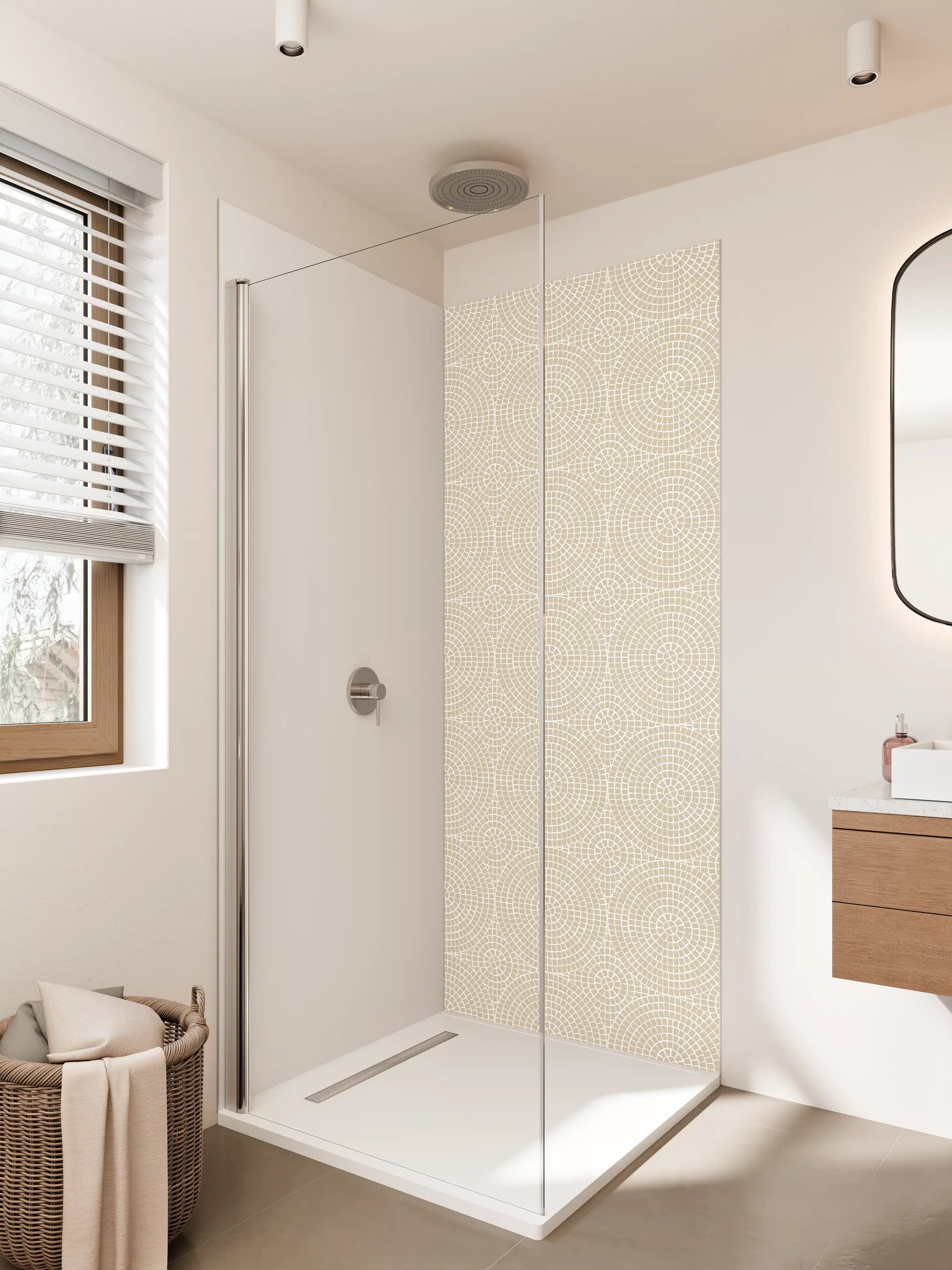 Duschrückwand - Beige-hellgrau Muster mit geometrischen Kreisen