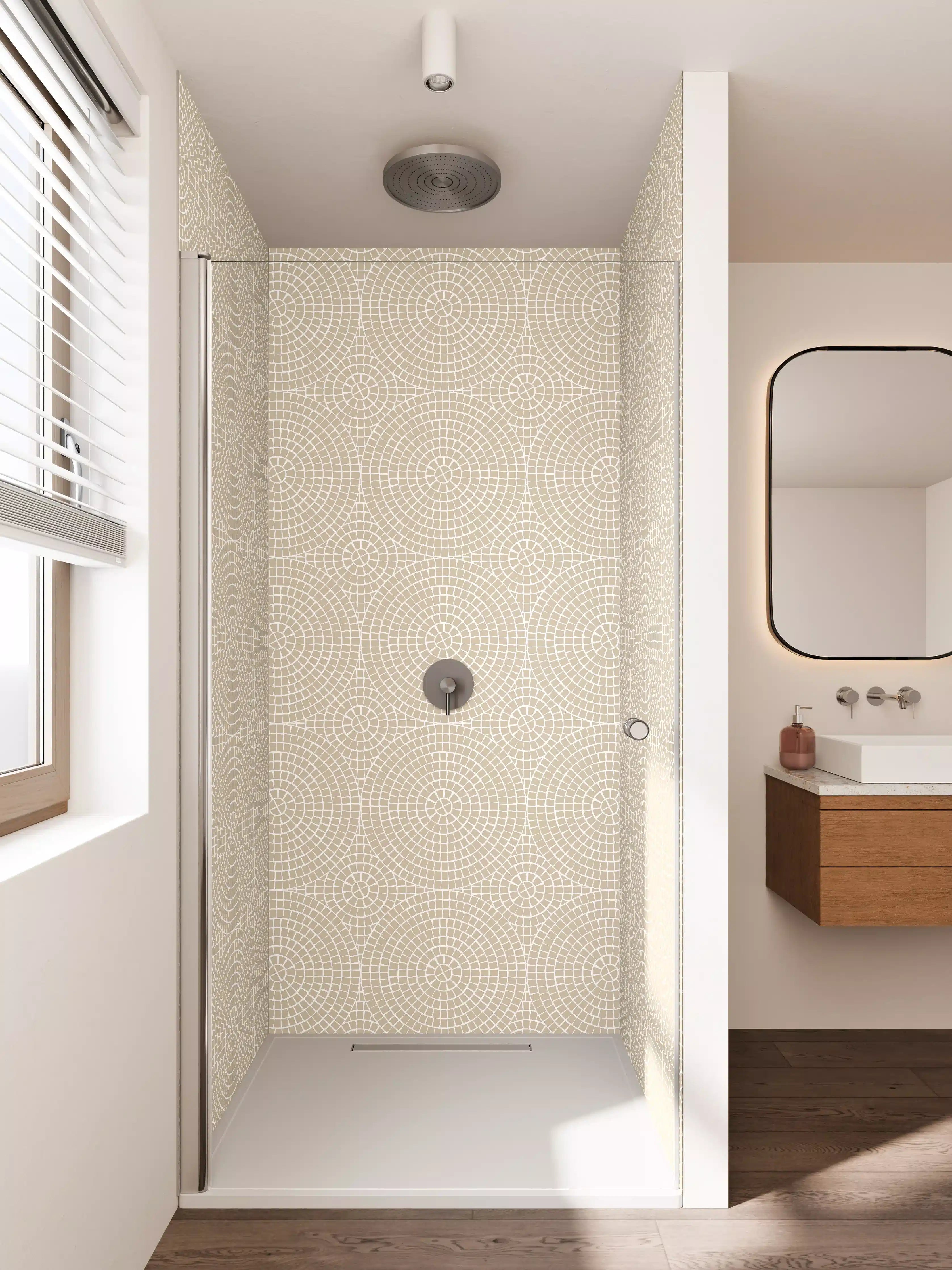 Duschrückwand - Beige-hellgrau Muster mit geometrischen Kreisen