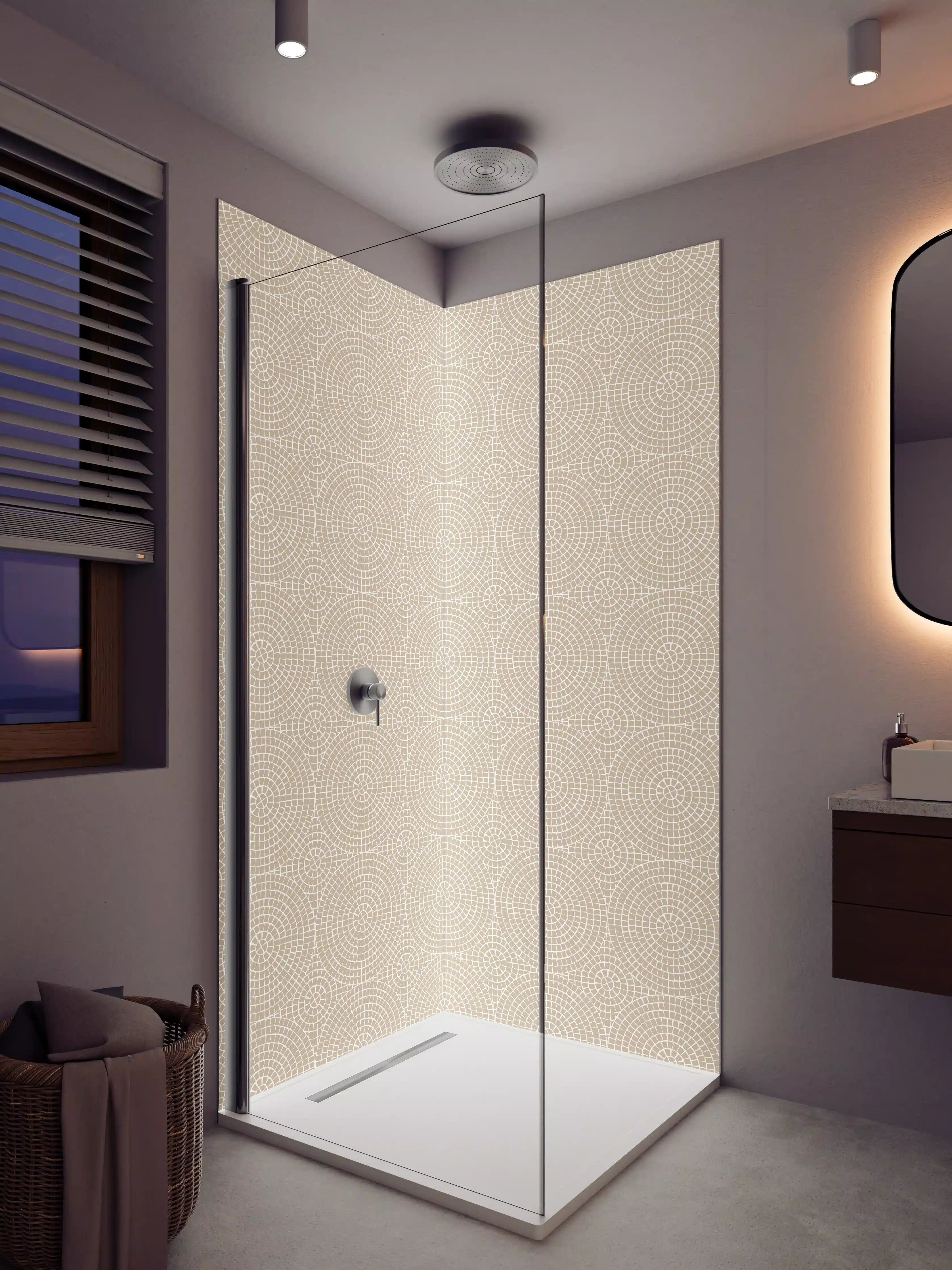Duschrückwand - Beige-hellgrau Muster mit geometrischen Kreisen