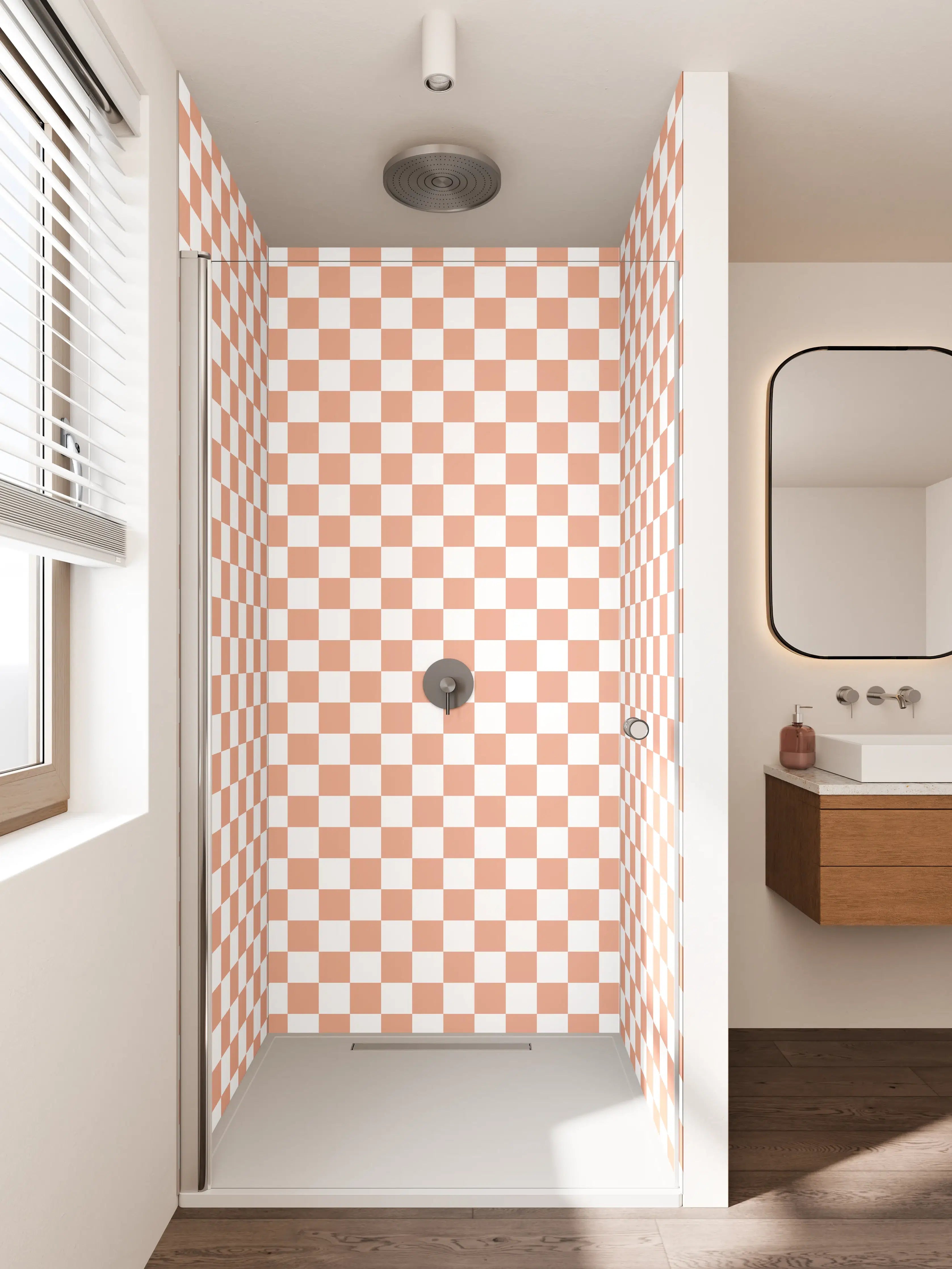 Duschrückwand - Beige und Weiß Checkmuster mit feiner Struktur