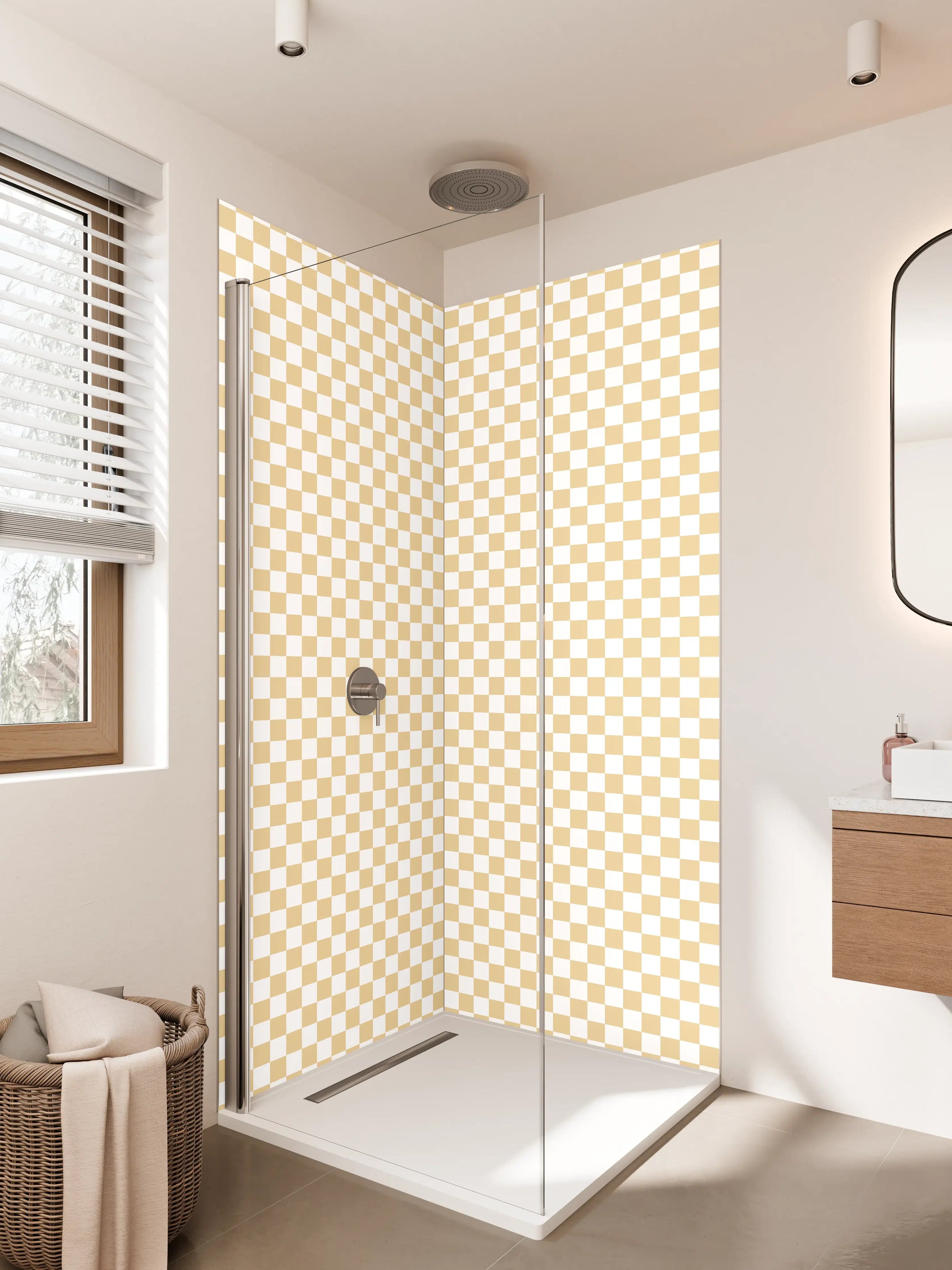 Duschrückwand - Beige-weiße Checkermuster mit subtiler Farbgebung