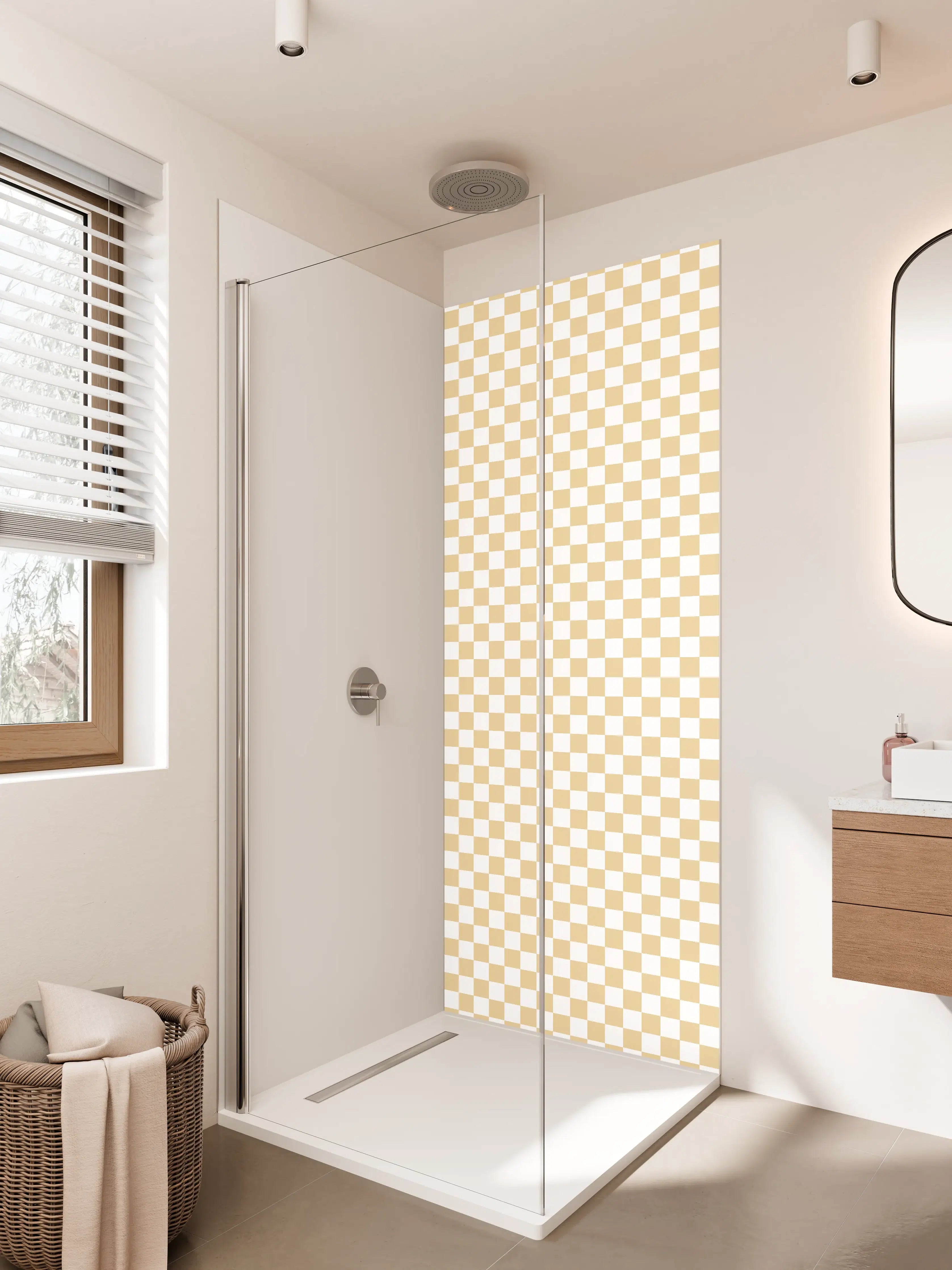 Duschrückwand - Beige-weiße Checkermuster mit subtiler Farbgebung