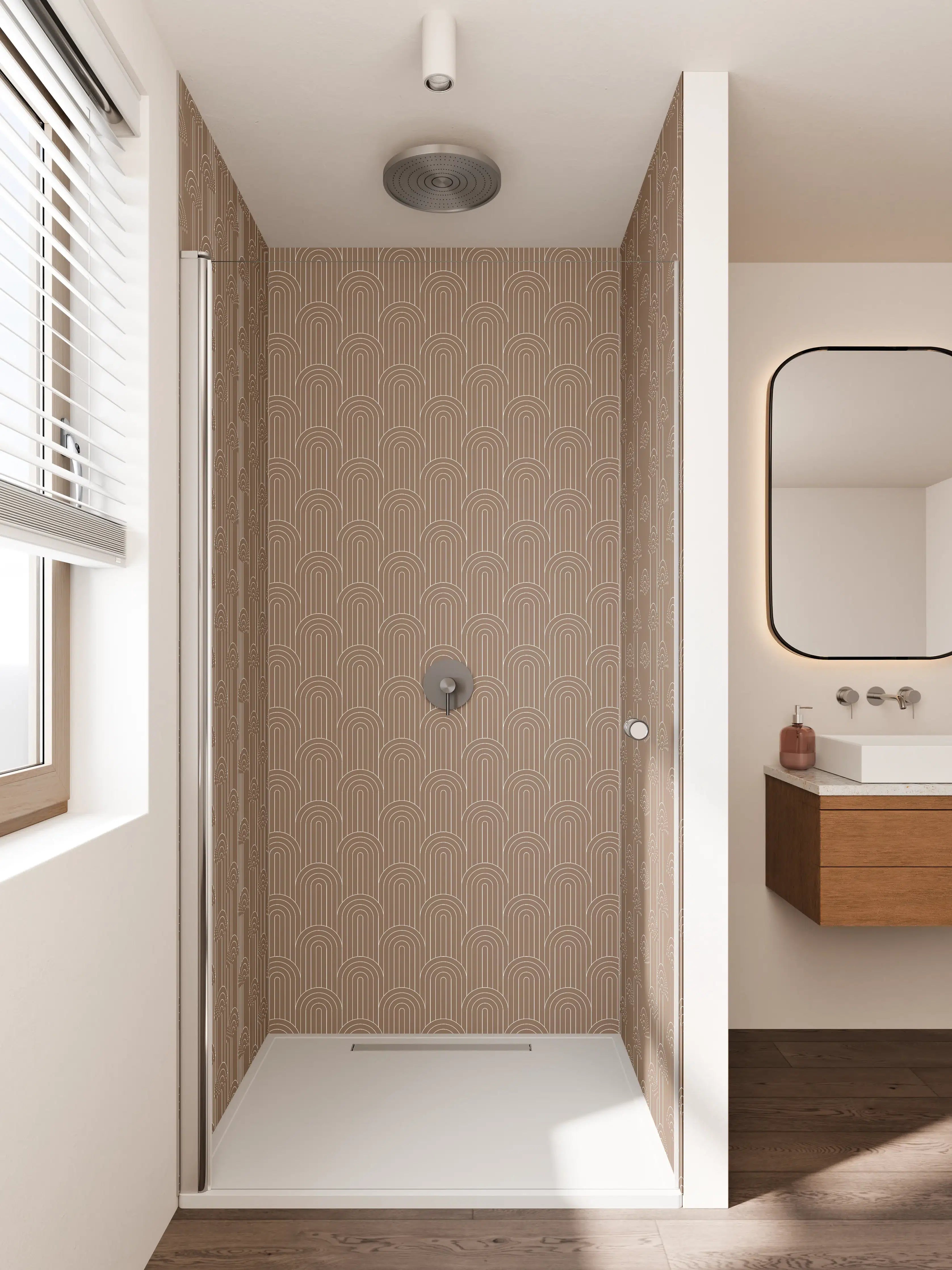 Duschrückwand - Beige-weiße Mustertapete mit geometrischem Design