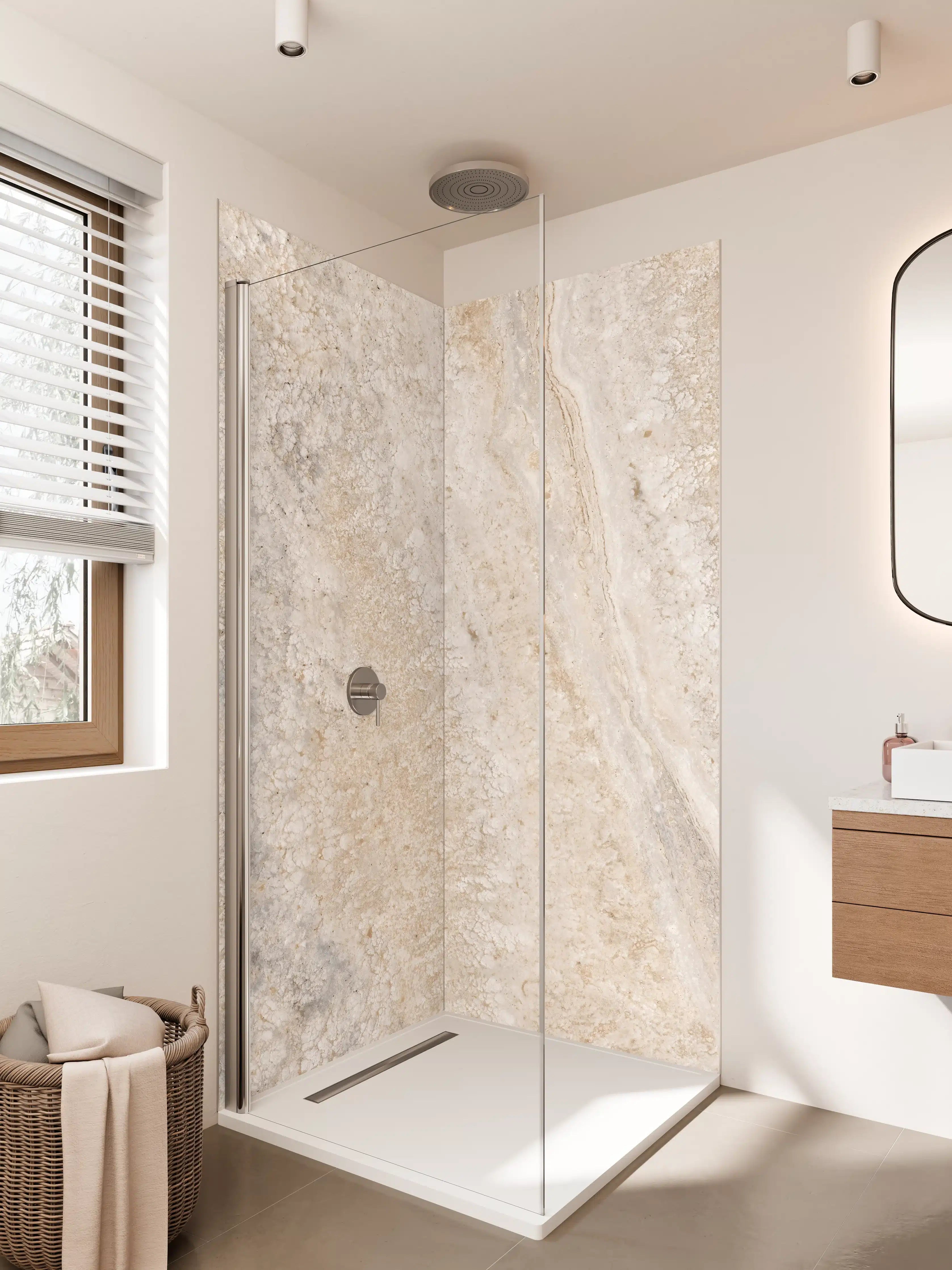 Duschrückwand - Beigen Marmor mit goldenen Adern