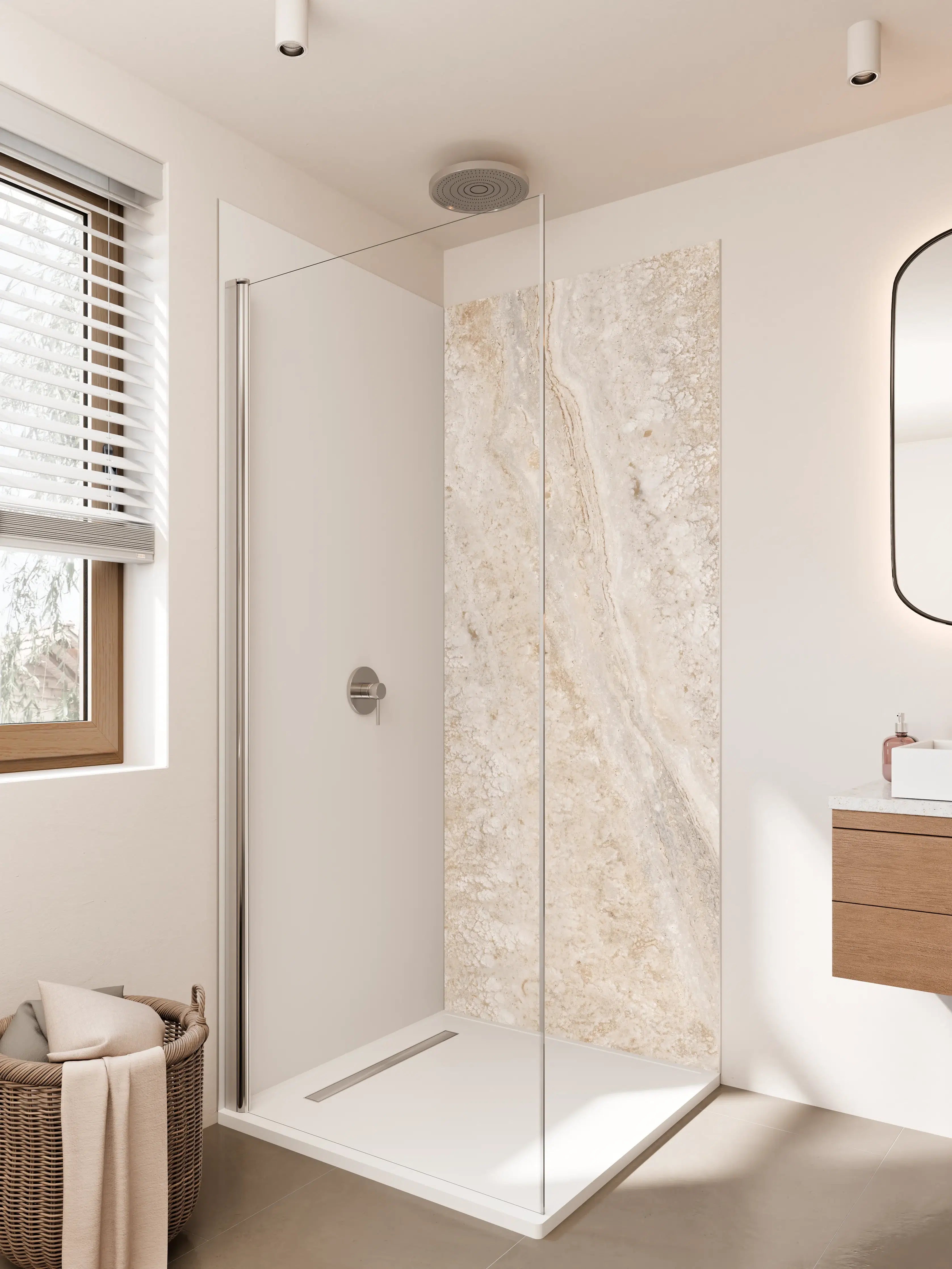 Duschrückwand - Beigen Marmor mit goldenen Adern