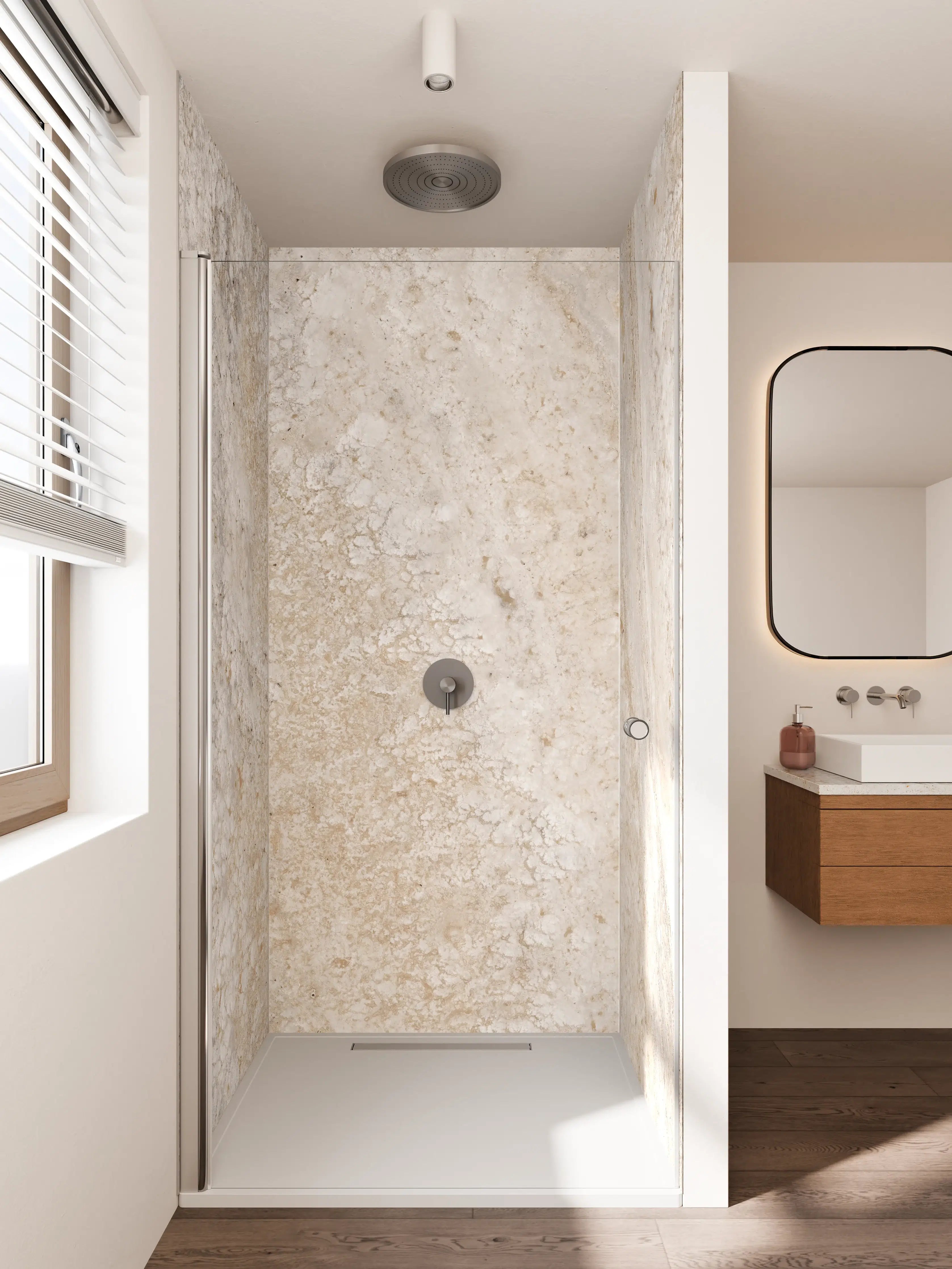 Duschrückwand - Beigen Marmor mit goldenen Adern