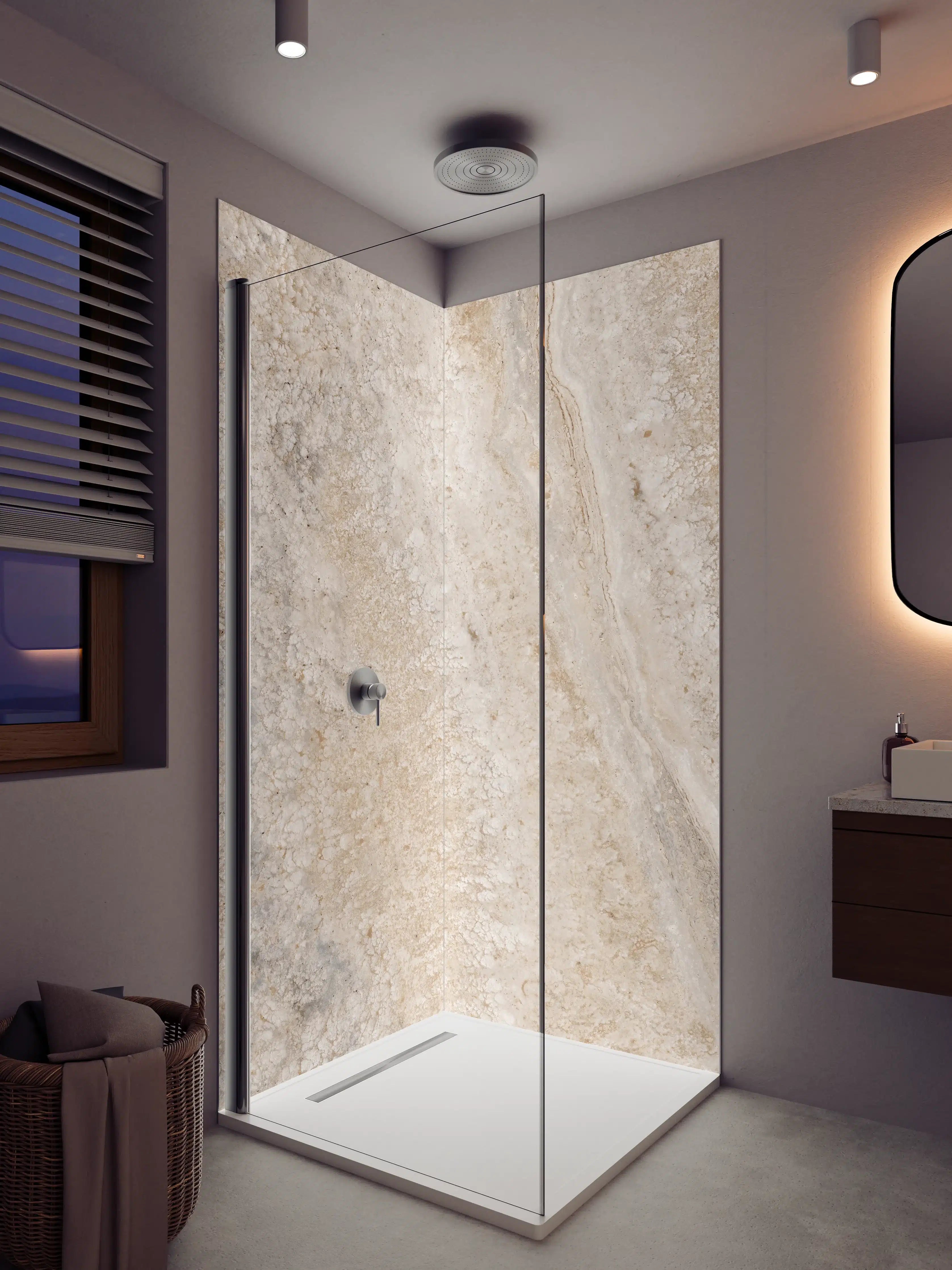 Duschrückwand - Beigen Marmor mit goldenen Adern