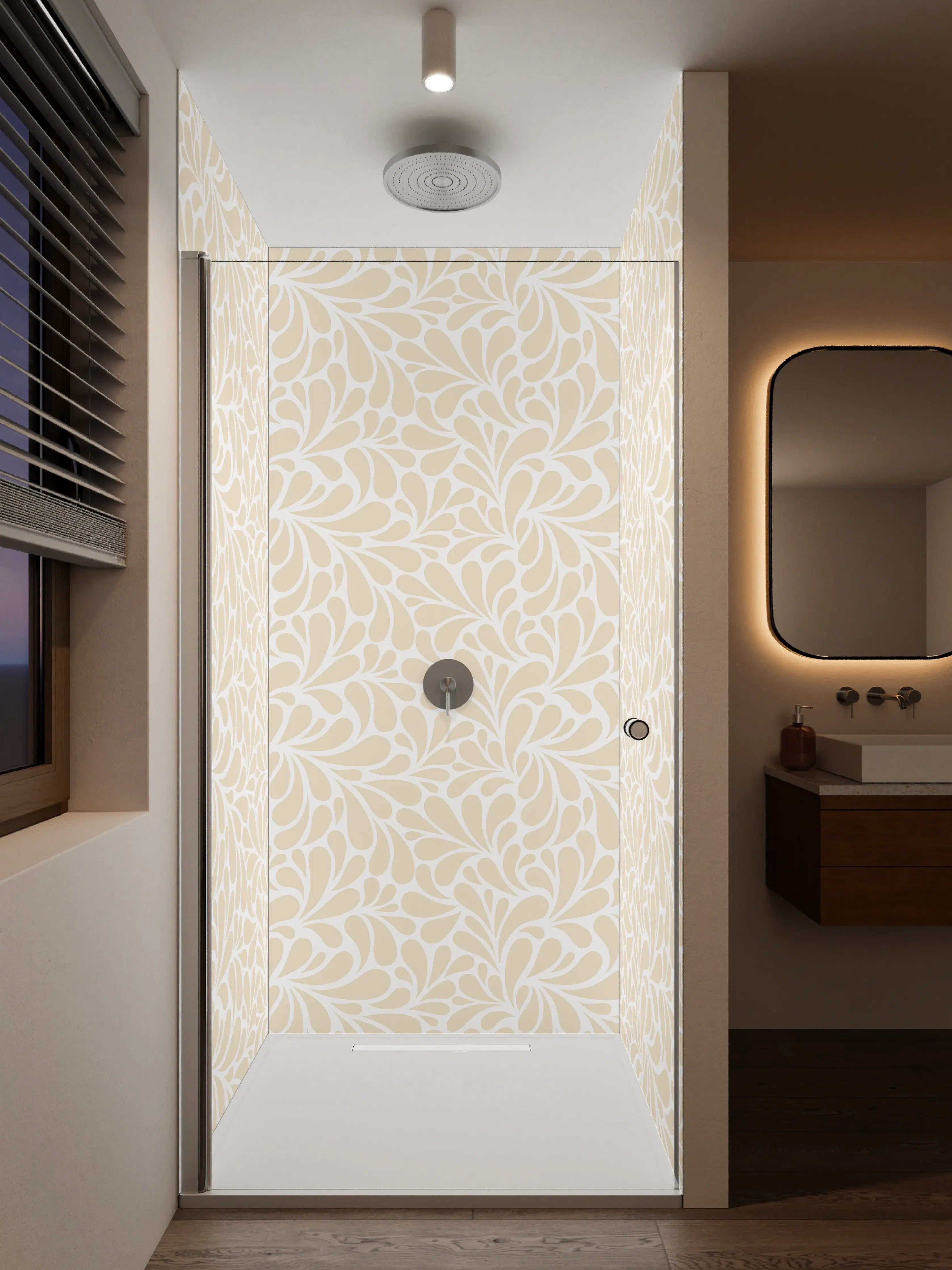 Duschrückwand - Beiger Stoff mit zartem Blumenmuster