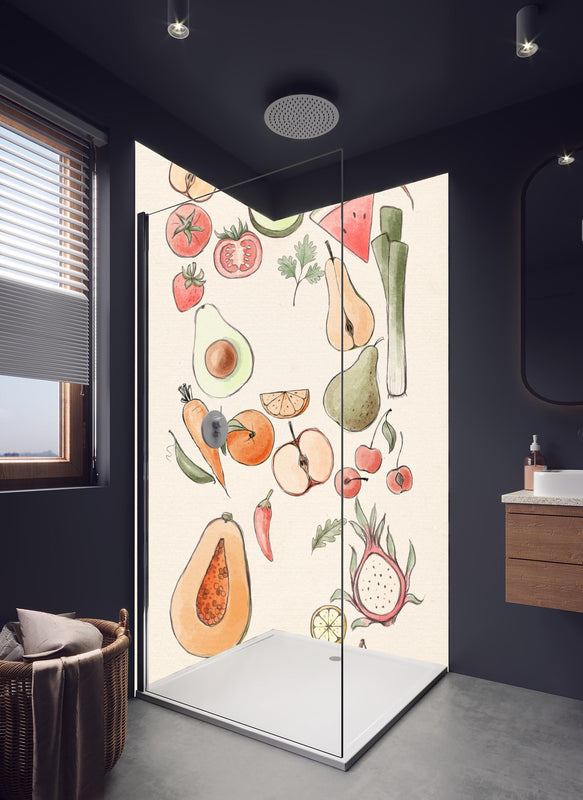 Duschrückwand - Belebendes Illustration-Design Tropischer Früchte in hellem Badezimmer mit Regenduschkopf  - zweiteilige Eck-Duschrückwand