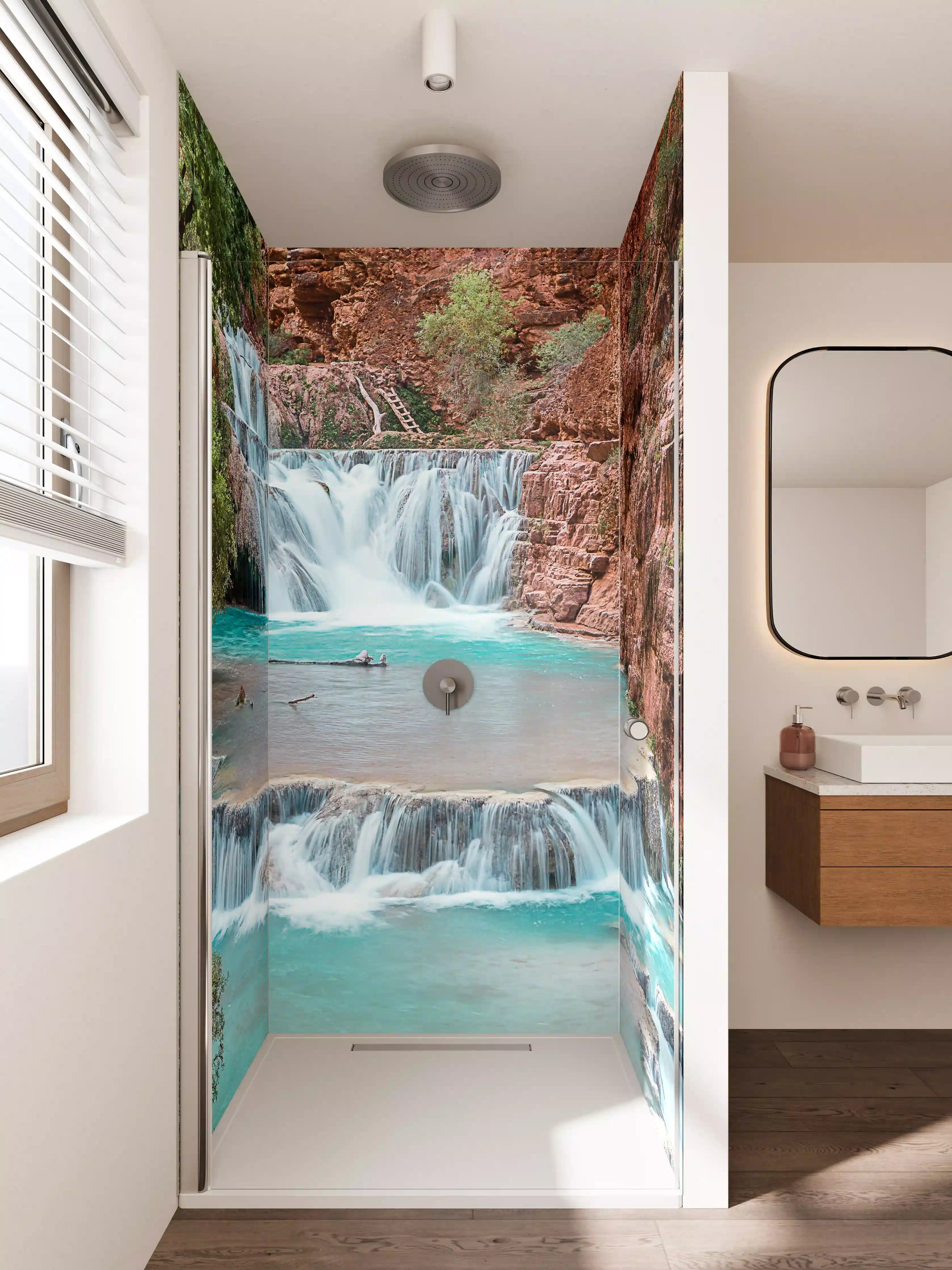 Duschrückwand - Bergbach mit Wasserfall in Natur