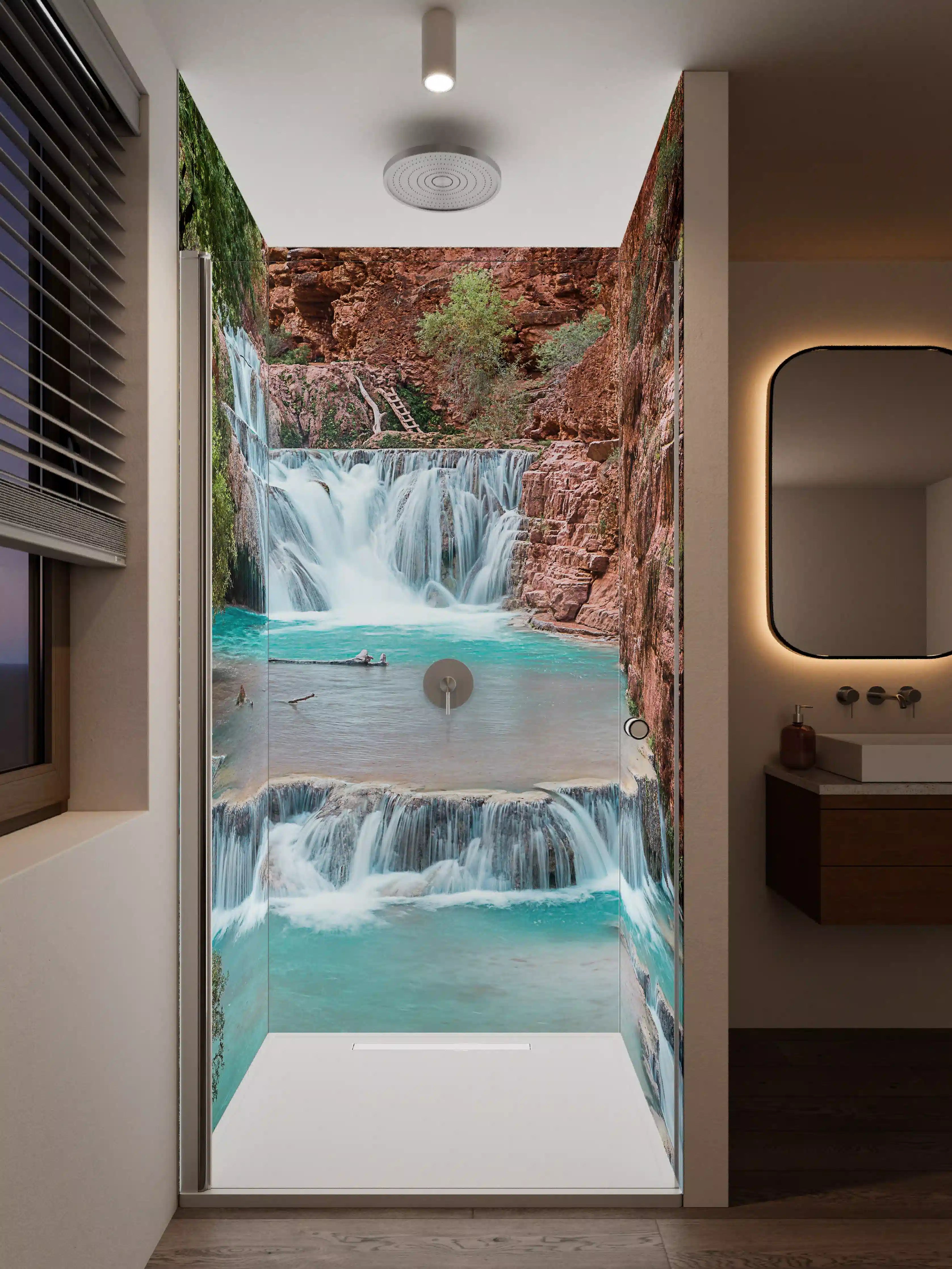 Duschrückwand - Bergbach mit Wasserfall in Natur