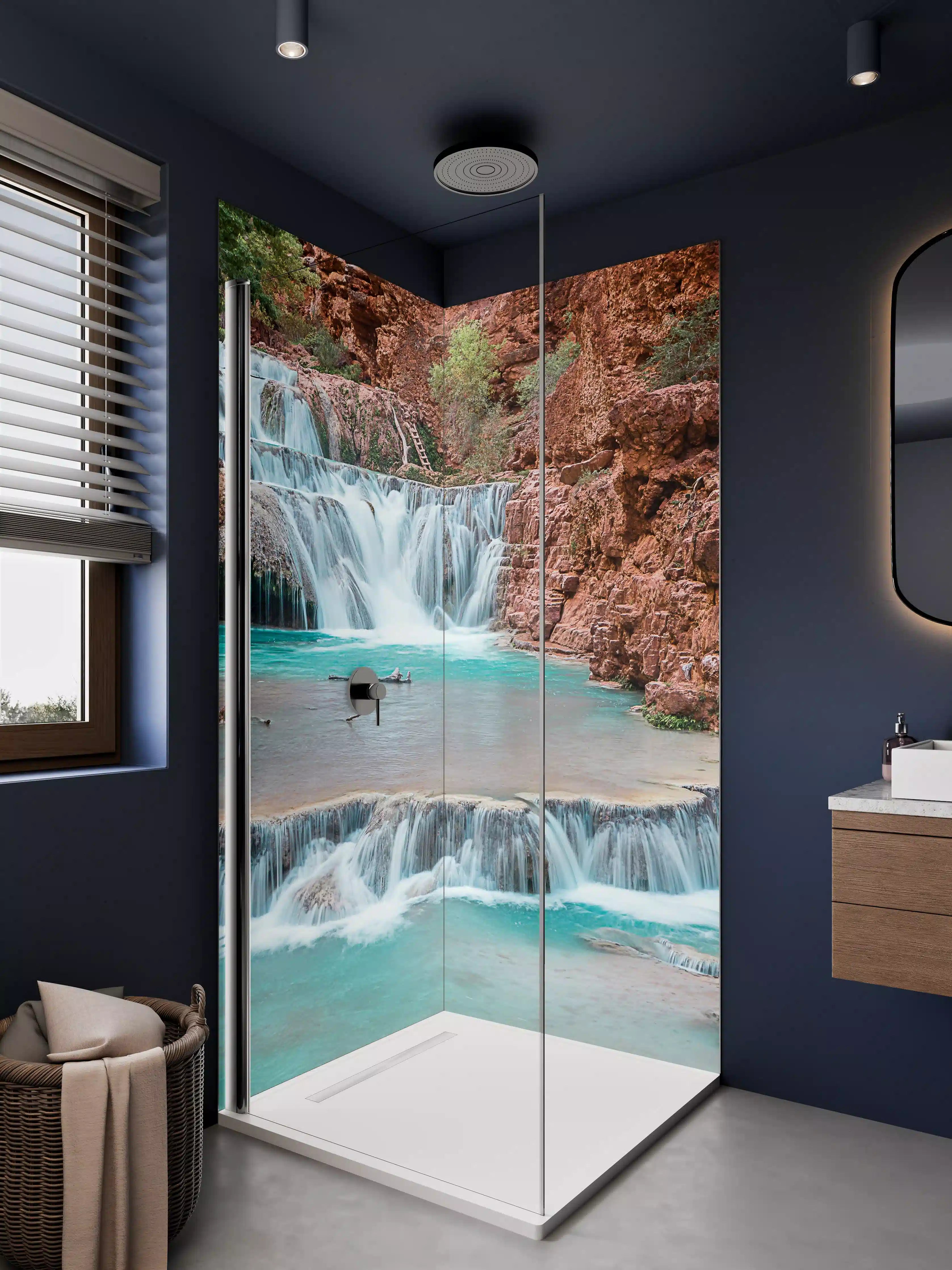Duschrückwand - Bergbach mit Wasserfall in Natur