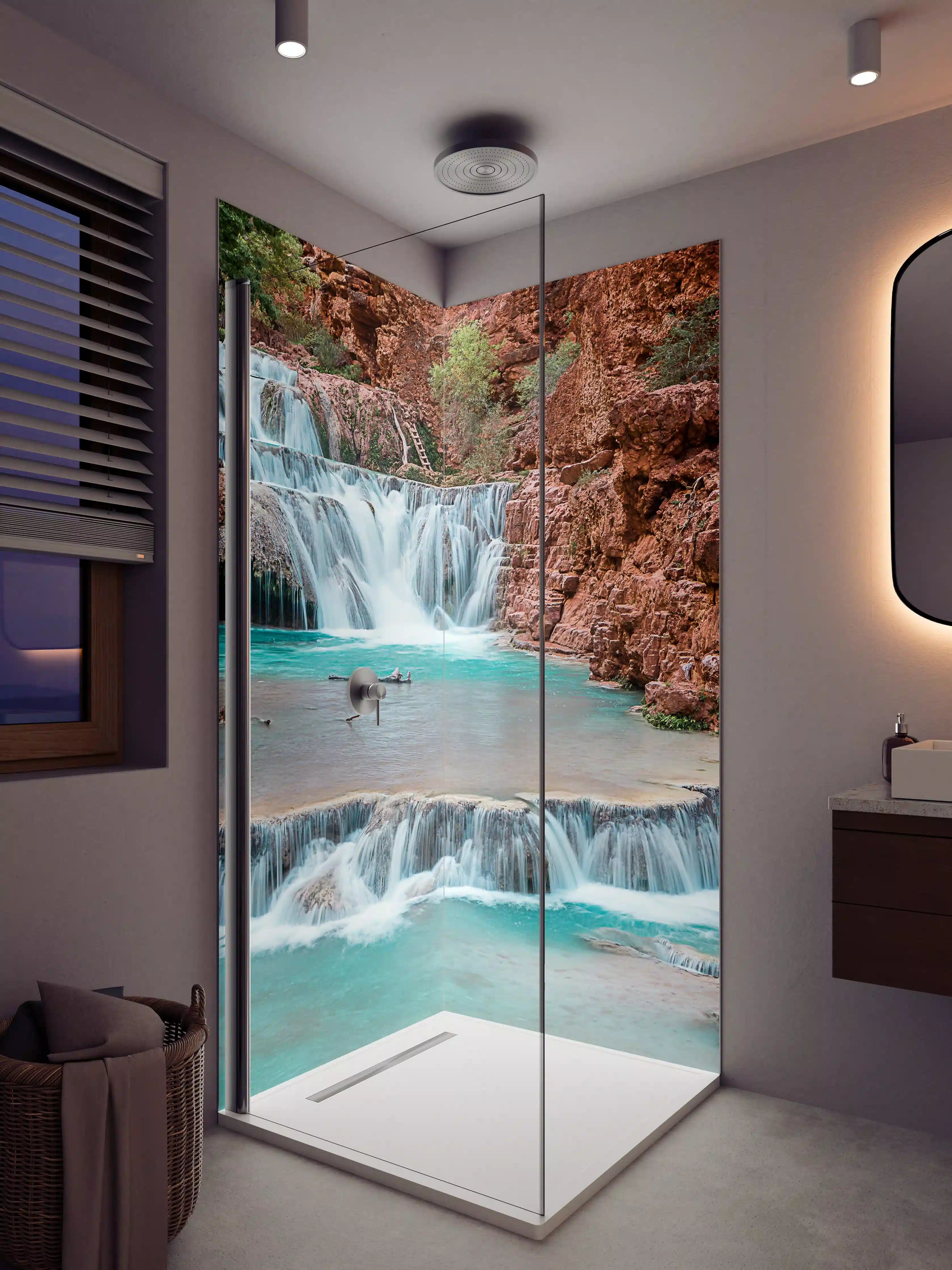 Duschrückwand - Bergbach mit Wasserfall in Natur