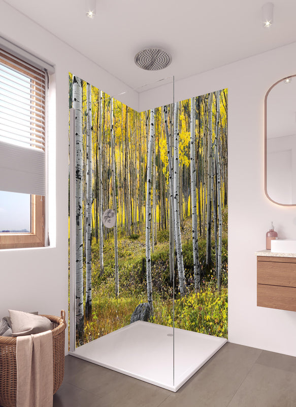 Duschrückwand - Birken im Herbst in hellem Badezimmer mit Regenduschkopf  - zweiteilige Eck-Duschrückwand
