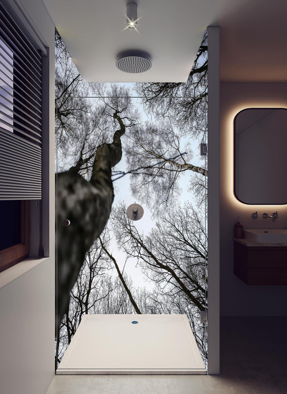 Duschrückwand - Birkenwald im WInter in hellem Badezimmer mit Regenduschkopf  - zweiteilige Eck-Duschrückwand
