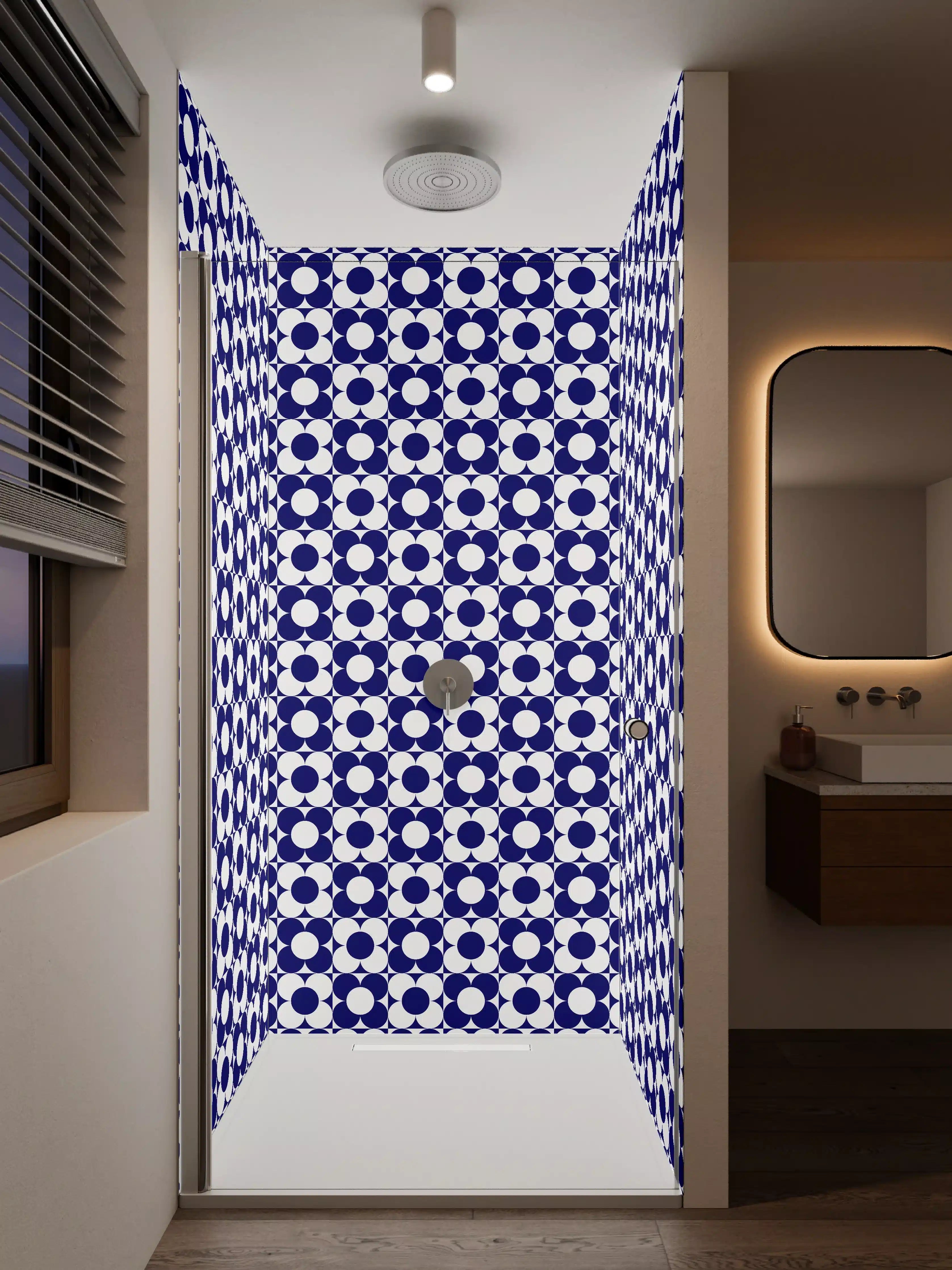 Duschrückwand - Blau-weiße geometrische Muster-Textur