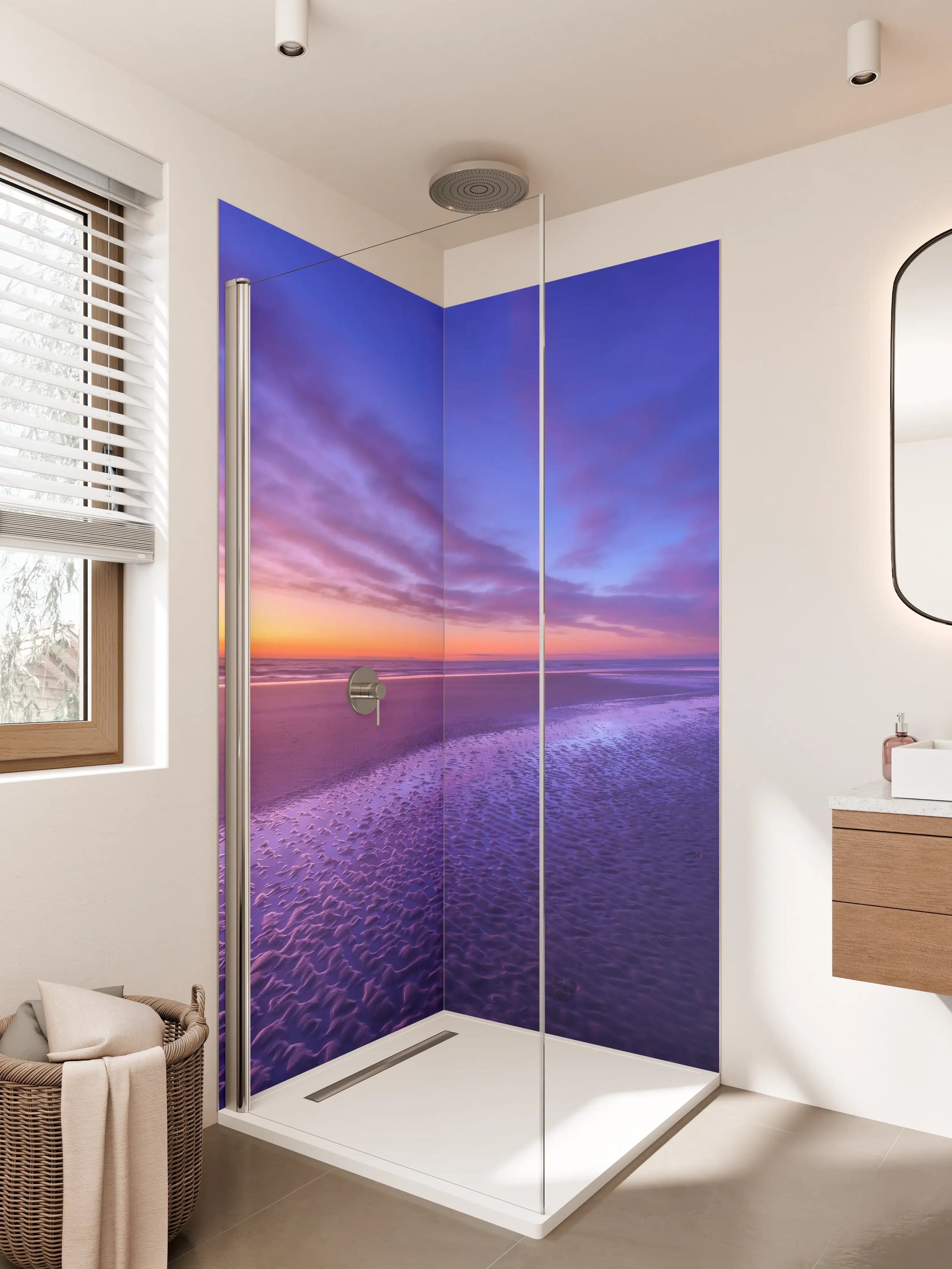 Duschrückwand - Blaue Abendszene am Strand