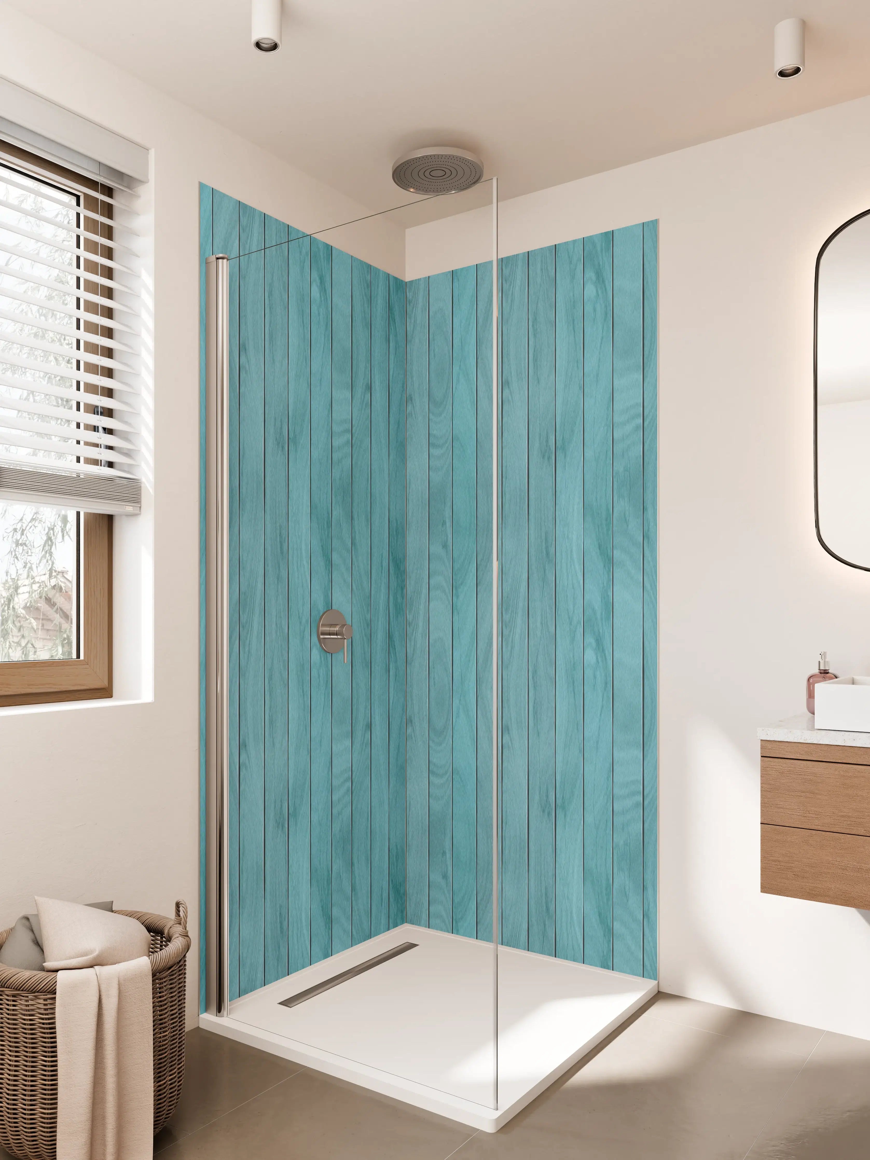 Duschrückwand - Blaue Holzvertäfelung mit natürlicher Maserung
