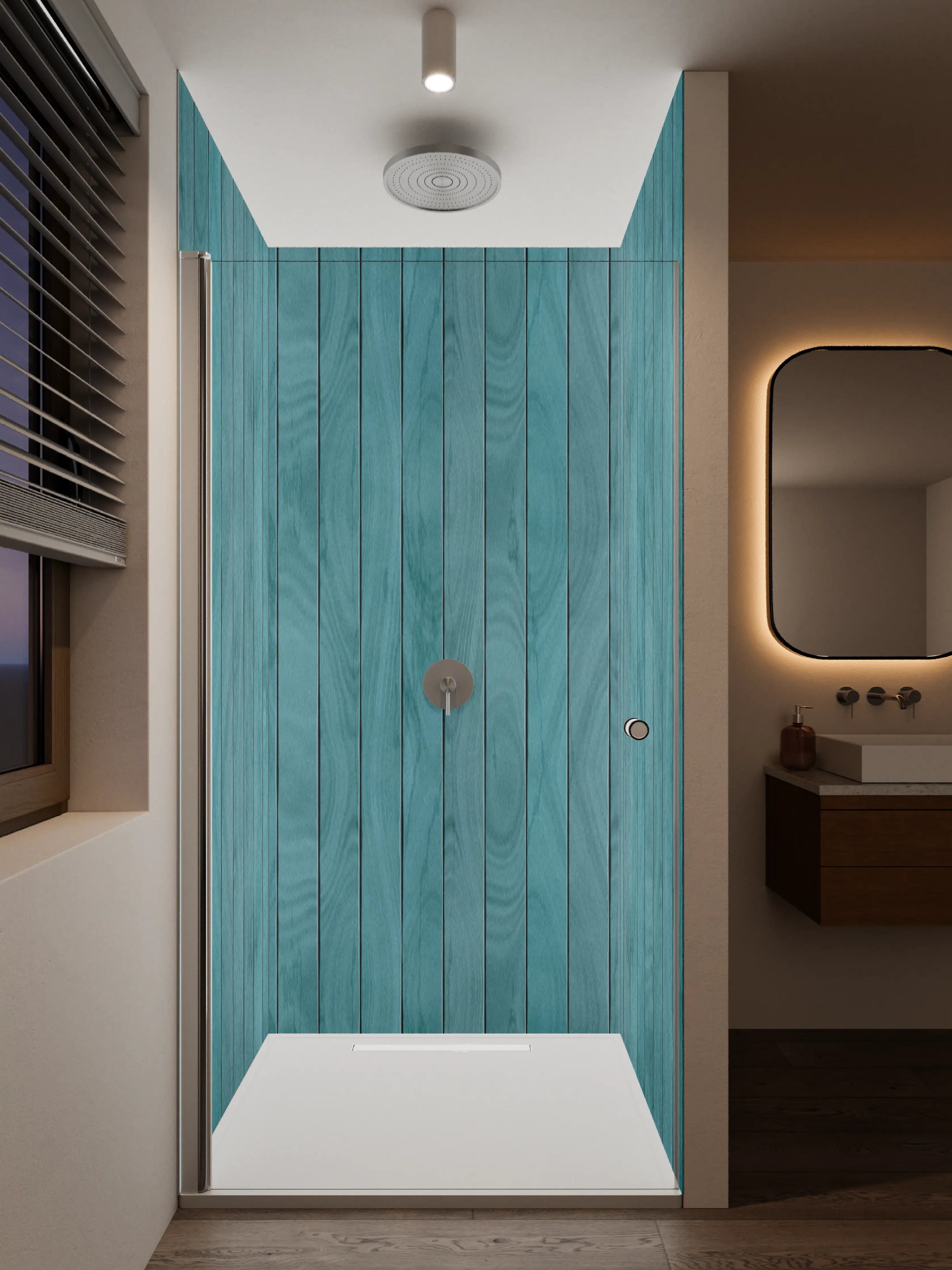 Duschrückwand - Blaue Holzvertäfelung mit natürlicher Maserung