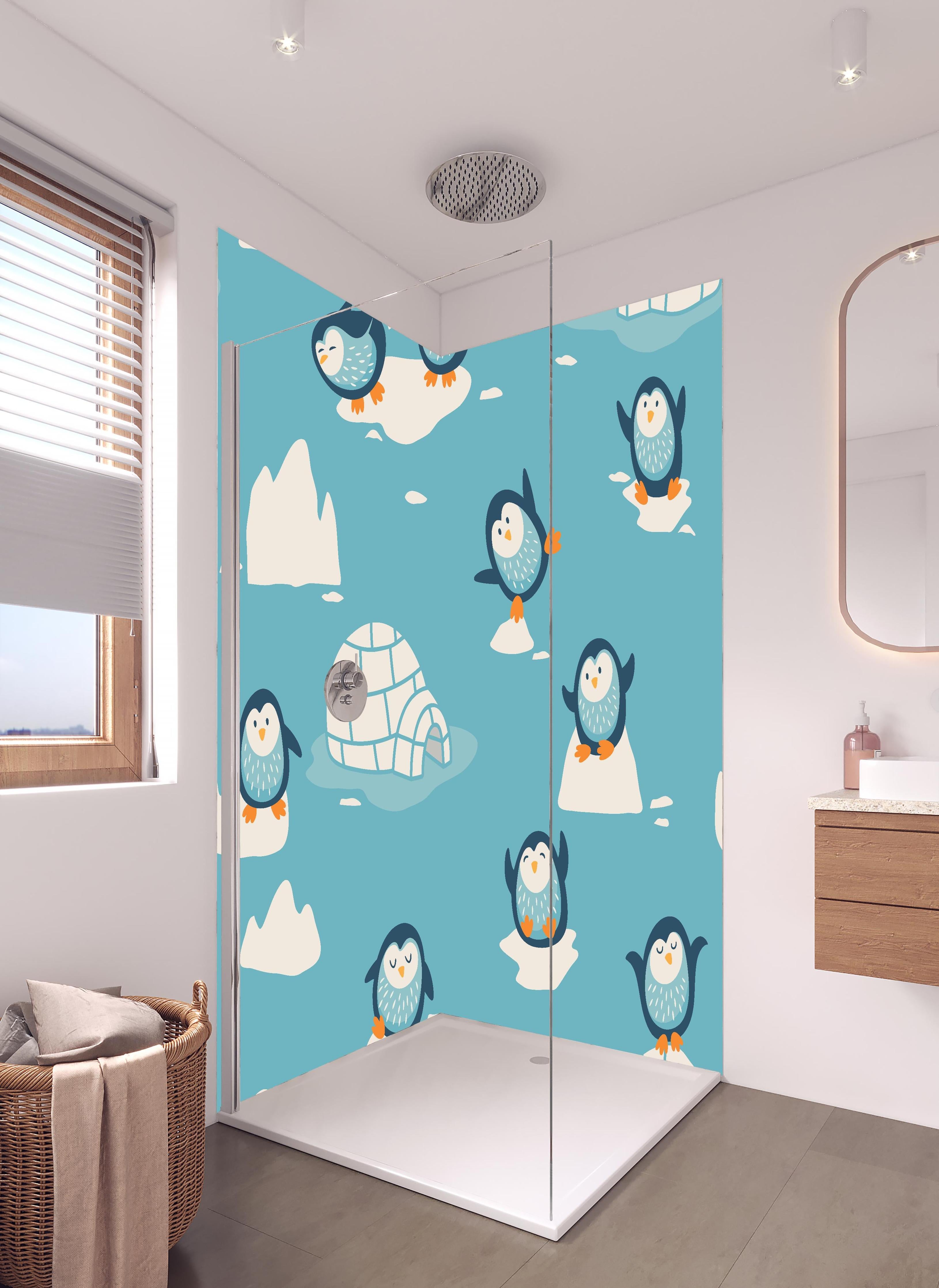 Duschrückwand - Blaue Pinguin Illustration Kindermuster in hellem Badezimmer mit Regenduschkopf  - zweiteilige Eck-Duschrückwand