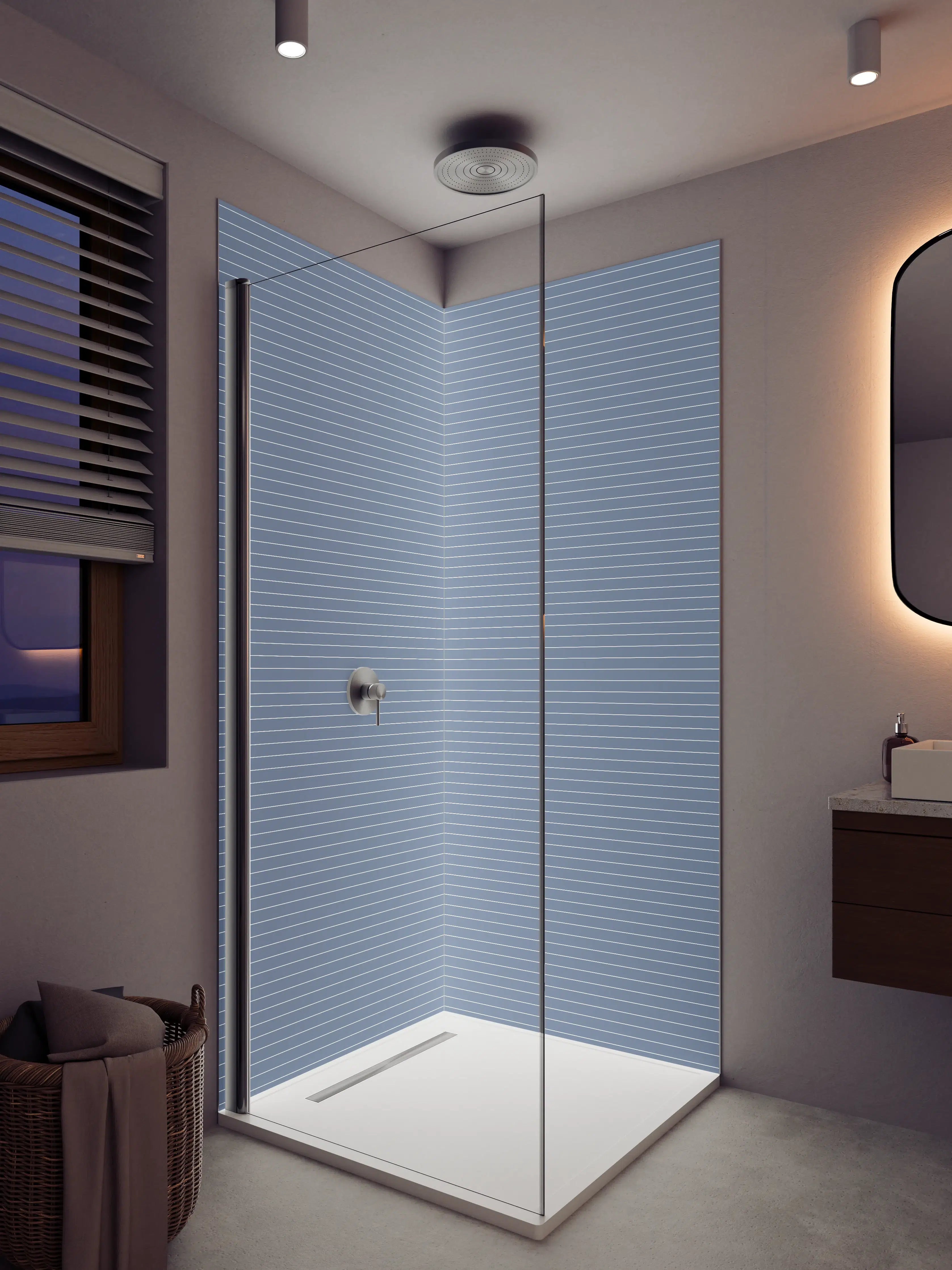 Duschrückwand - Blaue Streifenwand mit feiner Linienstruktur