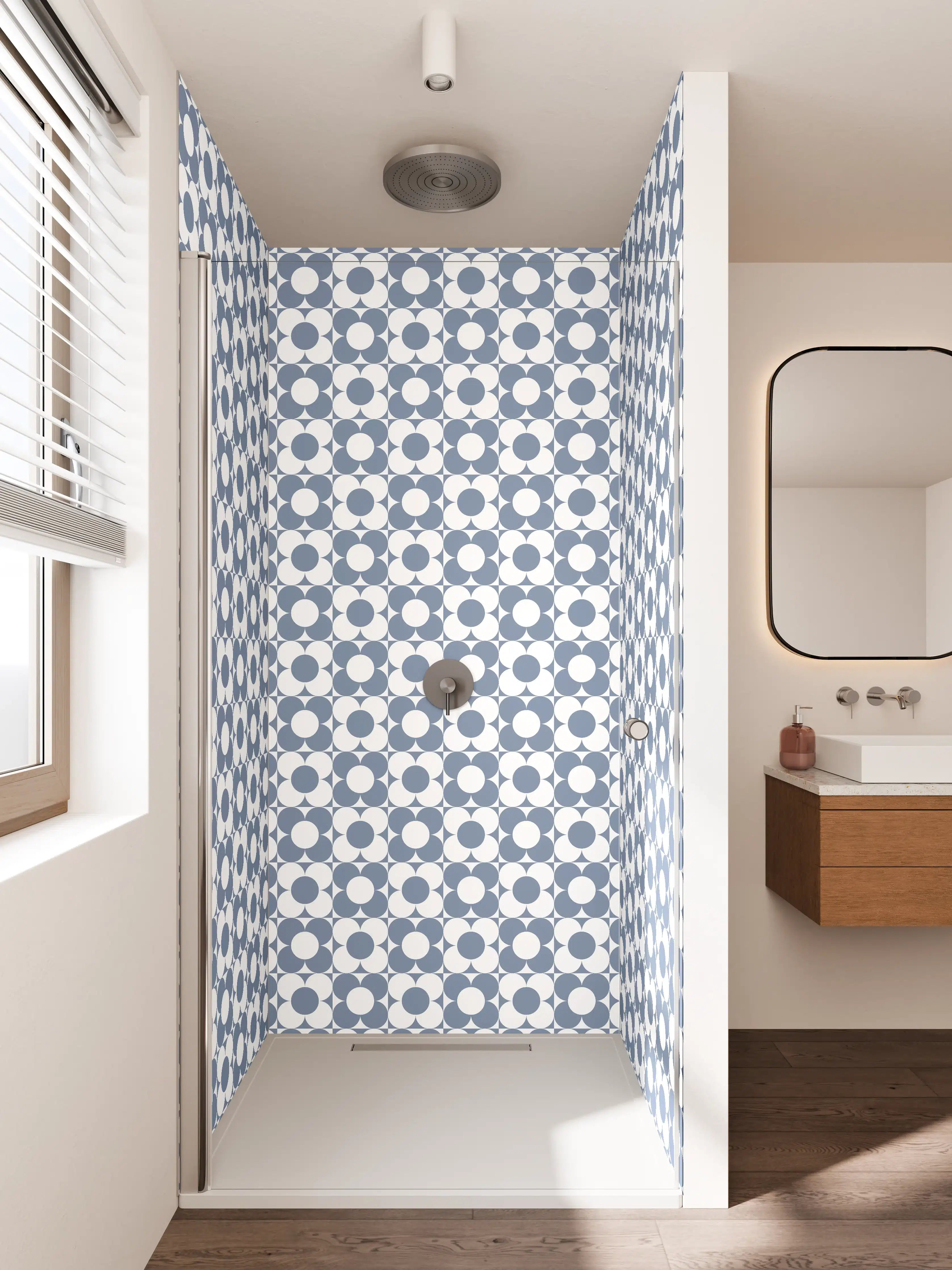 Duschrückwand - Blaue geometrische Muster mit Retro-Charme