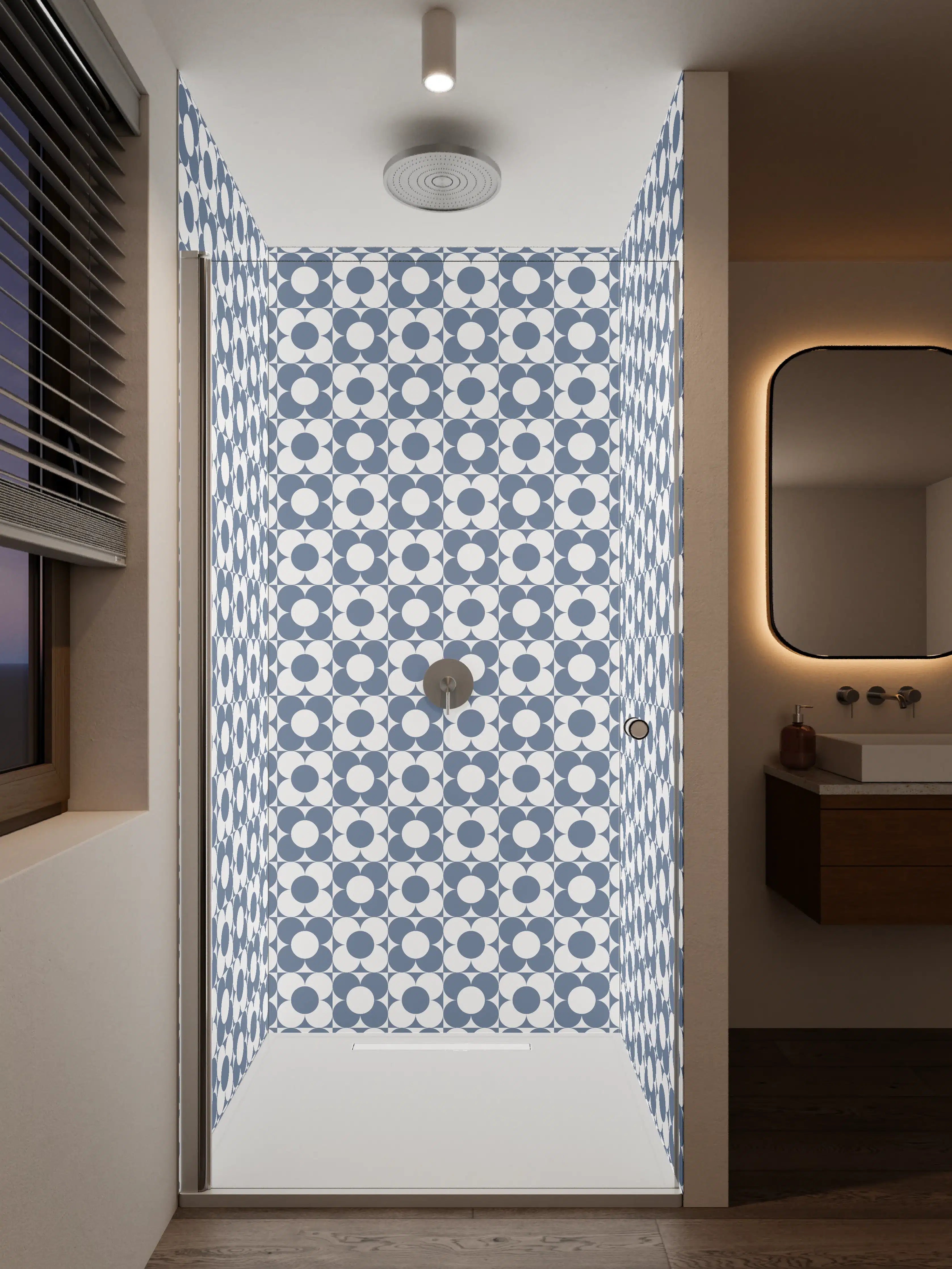 Duschrückwand - Blaue geometrische Muster mit Retro-Charme