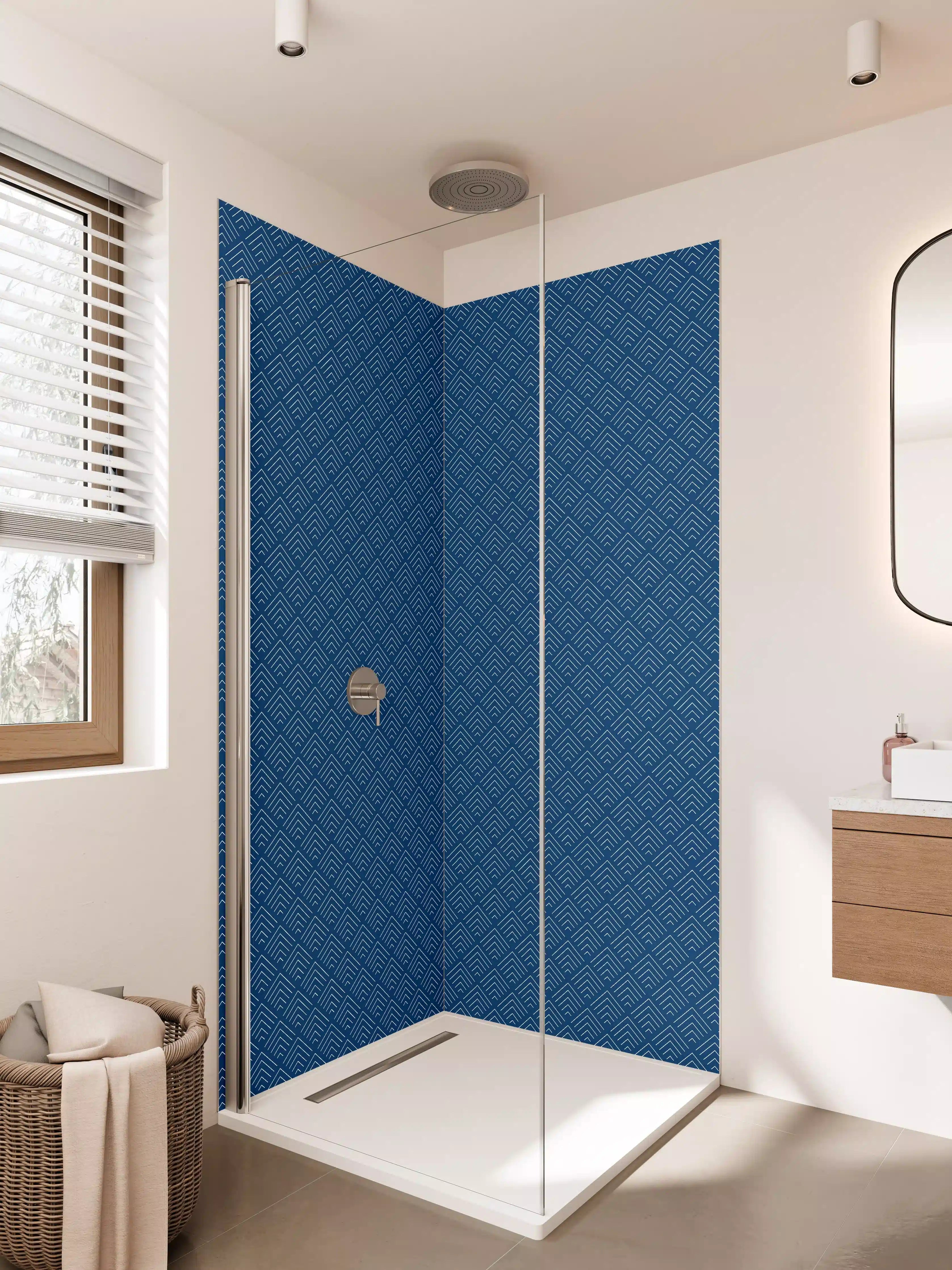Duschrückwand - Blaue geometrische Musterwand mit feinem Design