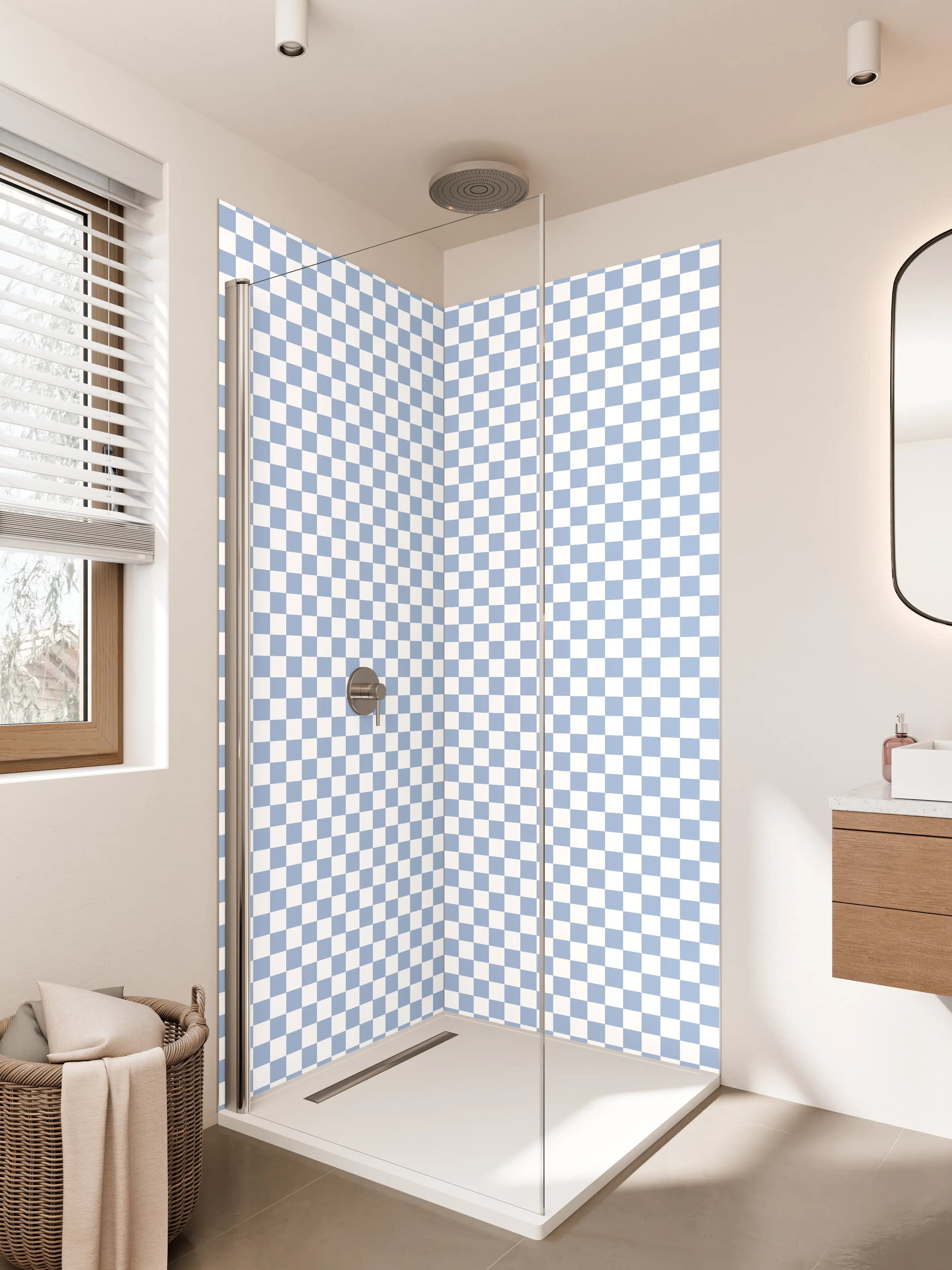 Duschrückwand - Blaue und weiße Karomuster Diagonalkachel